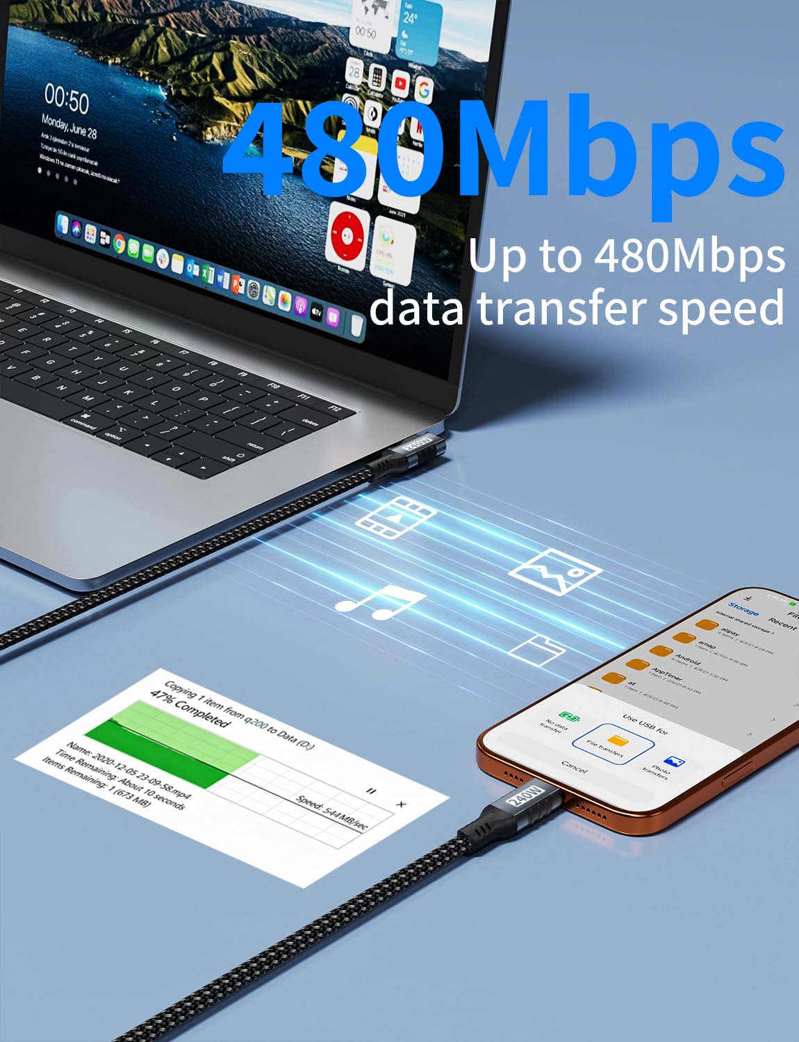 Detalle de 240W USB C to USB C Cable (5m) with 90° Angle — PD3.1 Fast Charge for MacBook, iPhone, Galaxy and More