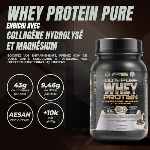 Detalle 2 de Healthy Fusion Whey Protein 43 g par dose – Protéine Whey Pure avec Collagène, Magnésium et Vitamine B6 (Chocolat, 1 kg)