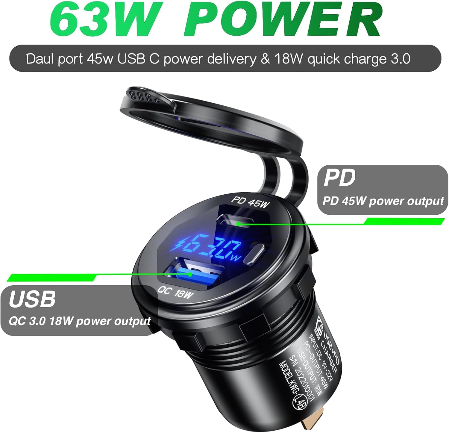 Detalle 2 de 45W PD USB Steckdose 12V wasserdicht