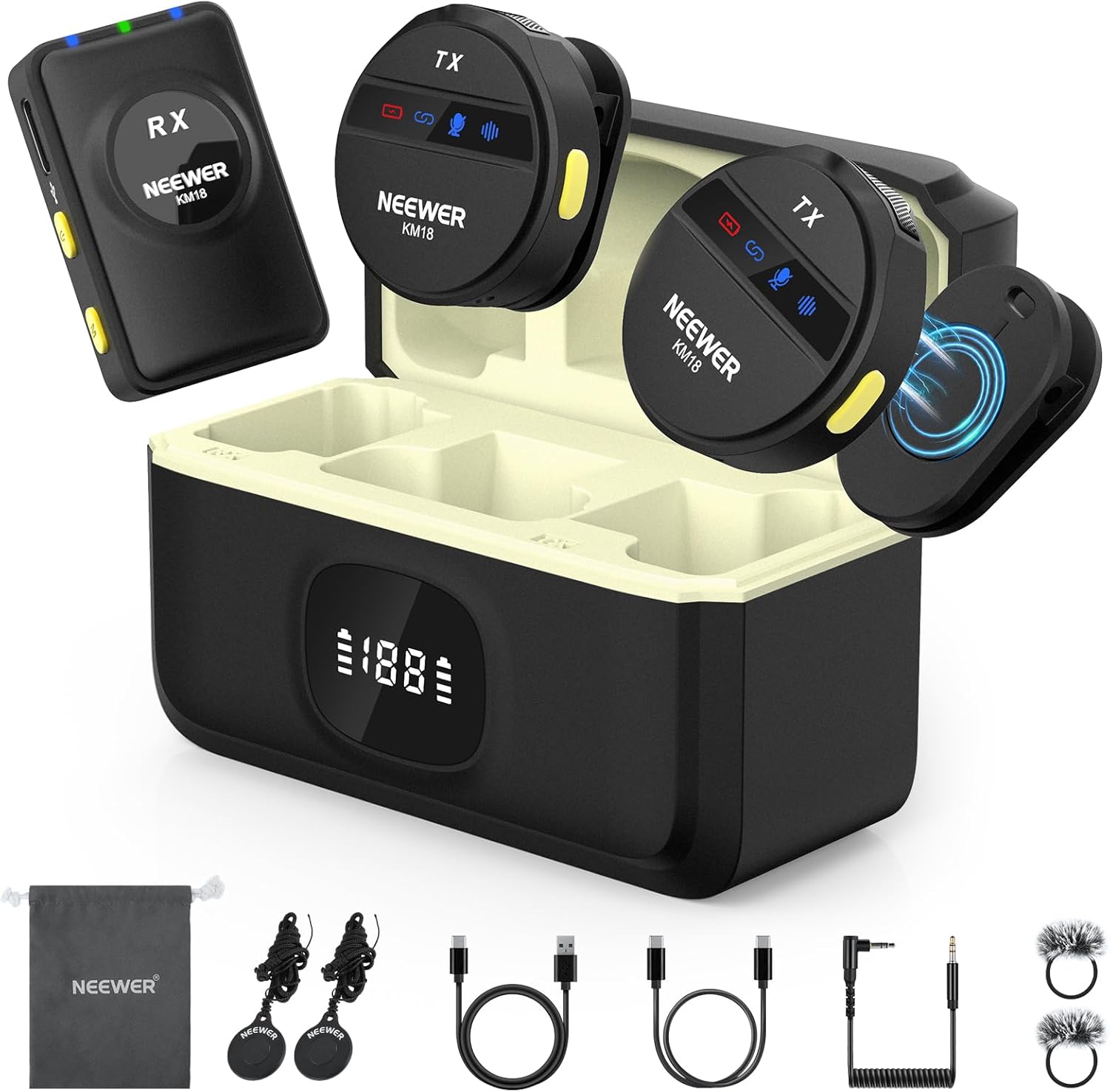NEEWER KM18 micro-cravate sans fil avec récepteur USB-C, boîtier de charge OTG et réduction du bruit