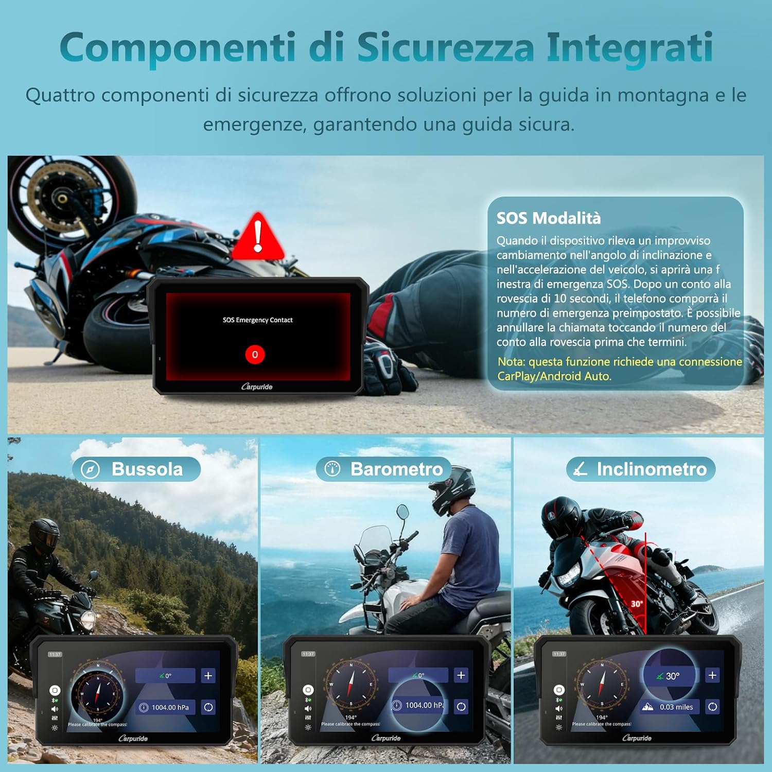 Detalle 2 de Carpuride W602S Pro Schermo per moto CarPlay con Bluetooth, 6,25" touch impermeabile e controller cablato