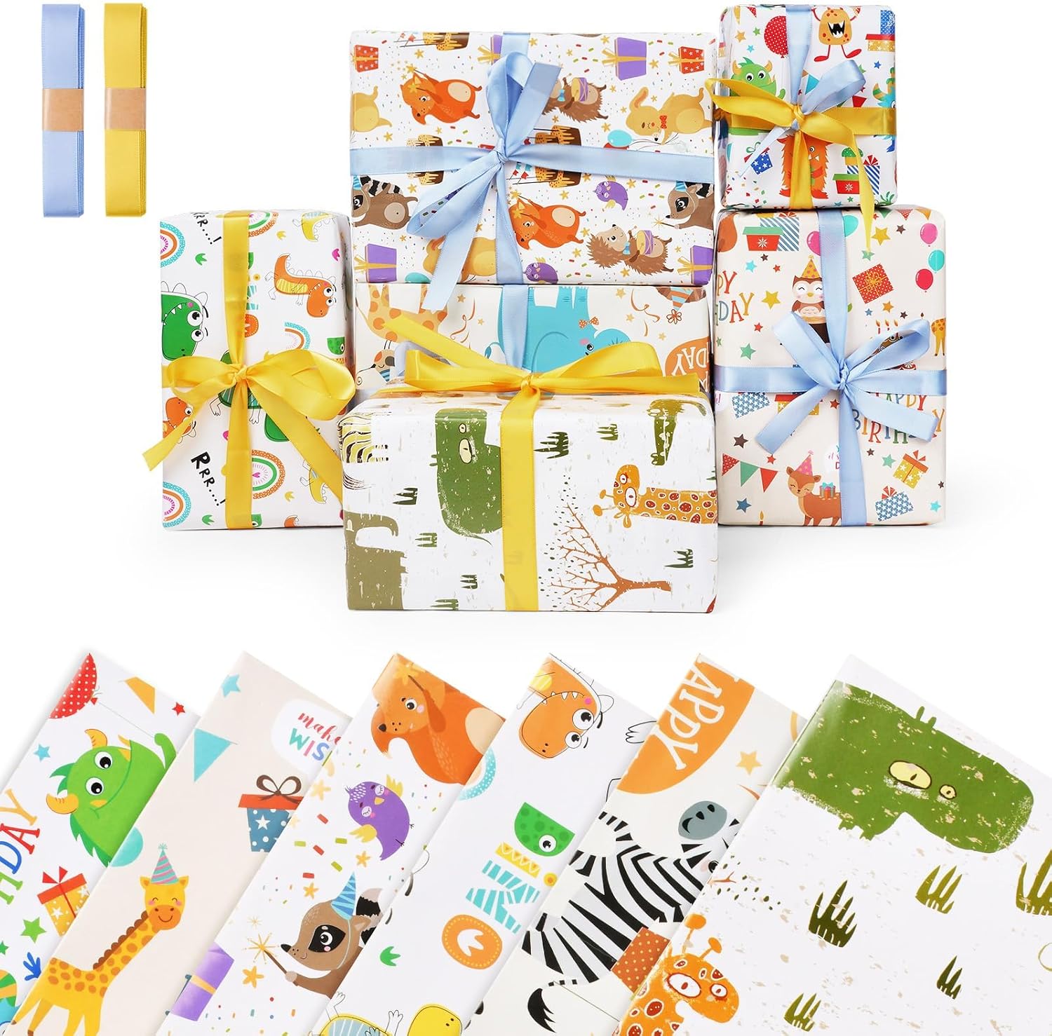 Detalle de OFFCUP presentpapper med djurmotiv, 6 ark à 50 × 70 cm och 2 bandbuntar