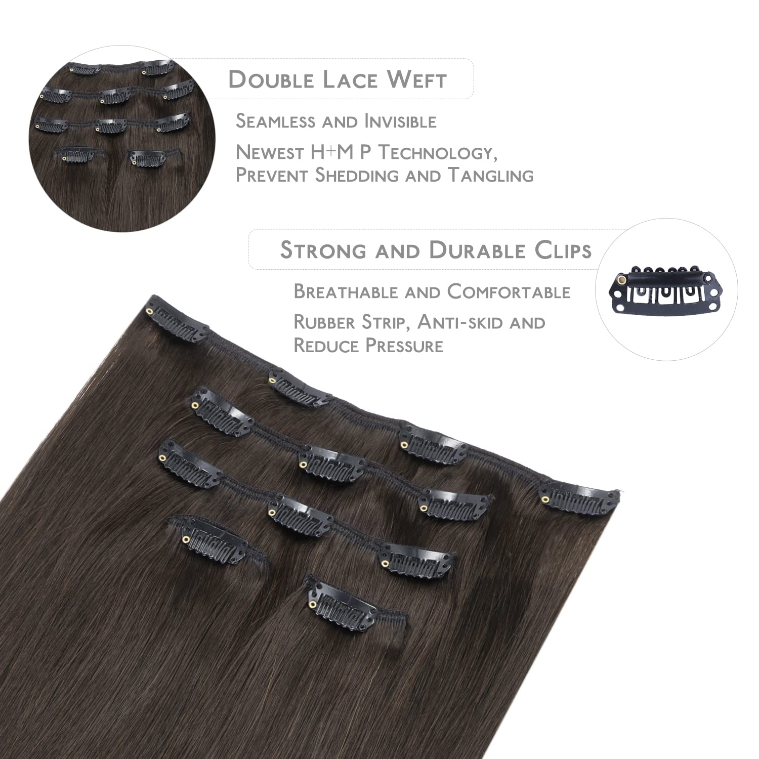 Detalle de WENNALIFE Clip in Extensions Echthaar – Dunkel Braun, 75 g, 5 Teile, 35 cm