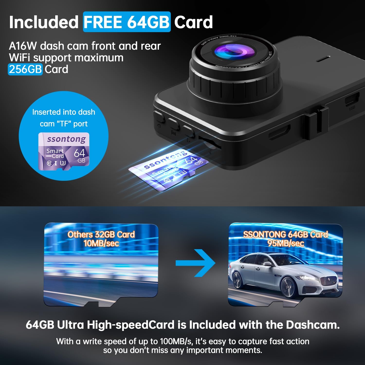 Thumbnail 4 de Dash Cam 2.5K Front + 1080P Rear with 64GB card