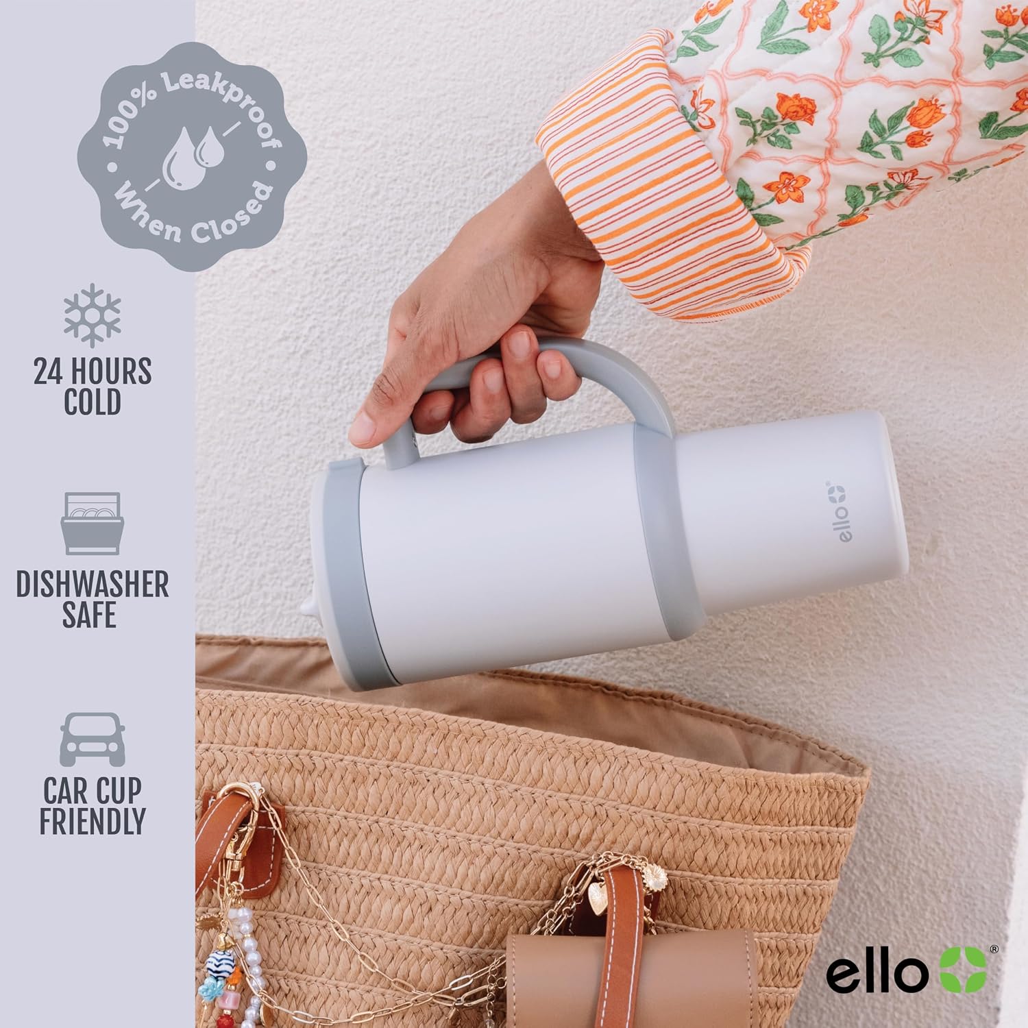 Detalle de Ello Oasis 30 oz Tumbler with Handle & Retracting Straw — 100% Leakproof Reusable Insulated Cup (Grayscale)