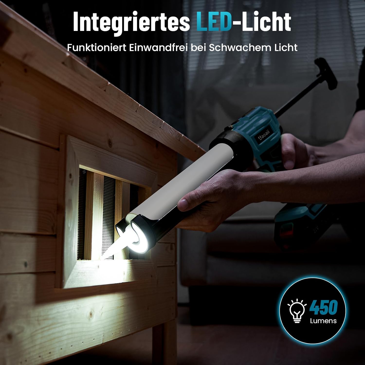 Detalle de Uaoaii Akku-Kartuschenpistole – 18V kompatibel mit Makita, LED-Licht, 4 Geschwindigkeiten, 300-ml Kartuschen