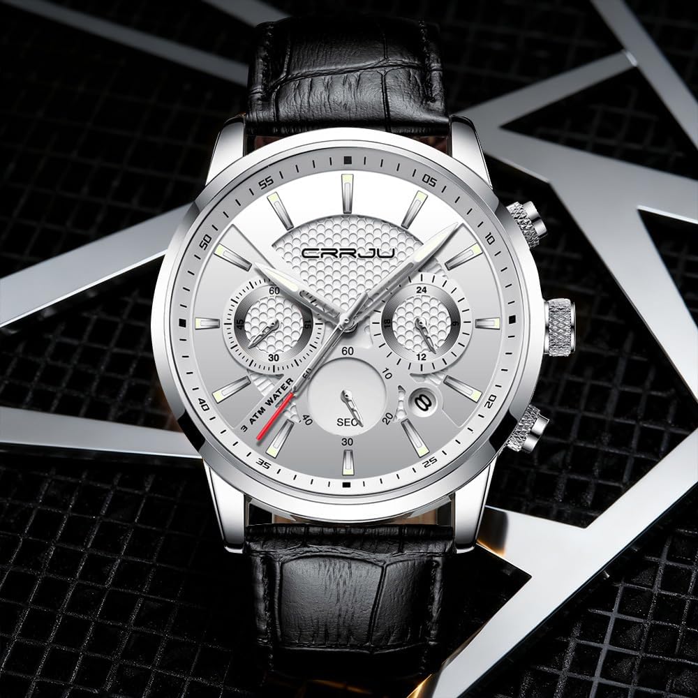 Detalle de CRRJU Herren Chronograph Uhr mit Lederarmband, Analog-Quarz und Datumsanzeige – schwarz