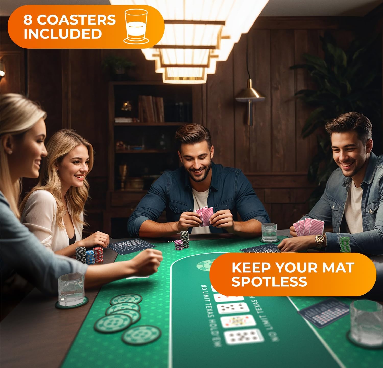 Detalle 2 de Newverest Tischauflage Texas Hold’em 180 x 90 cm – Casino Poker Matte Grün mit Reißverschlusstasche, 8 Untersetzer & Geschenkbox