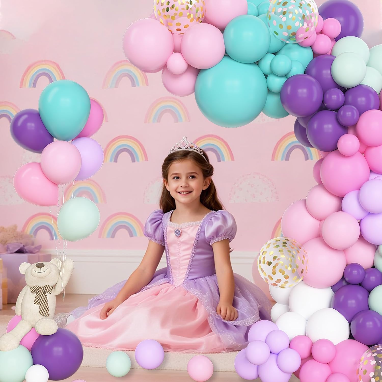 Thumbnail 5 de BlueCloudy Pink Purple Balloon Arch Garland Kit – Mixed Sizes (18" 12" 10" 5") in Purple, Blue, Pink with Gold Confetti