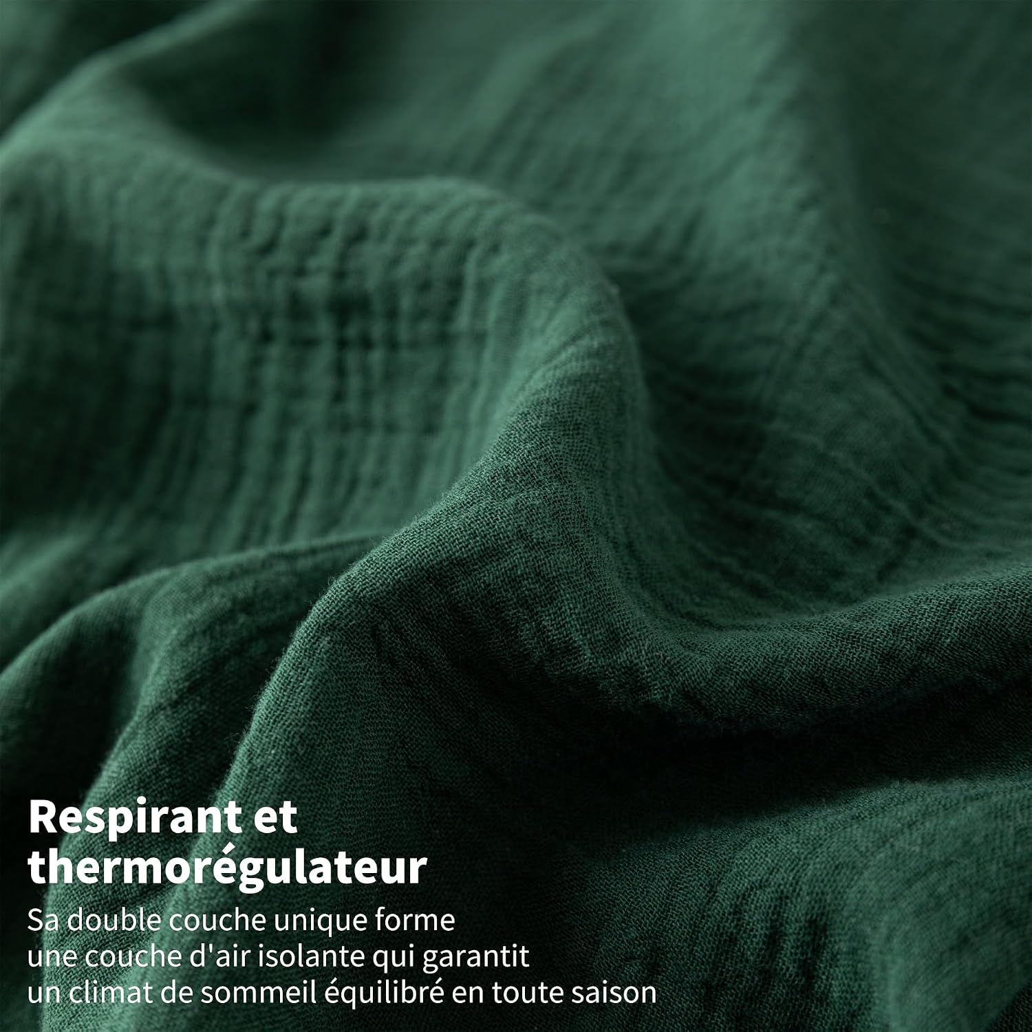 Detalle 2 de YASMENG Parure de lit double en gaze de coton 220x240 vert foncé (housse de couette + taie 65x65 cm)