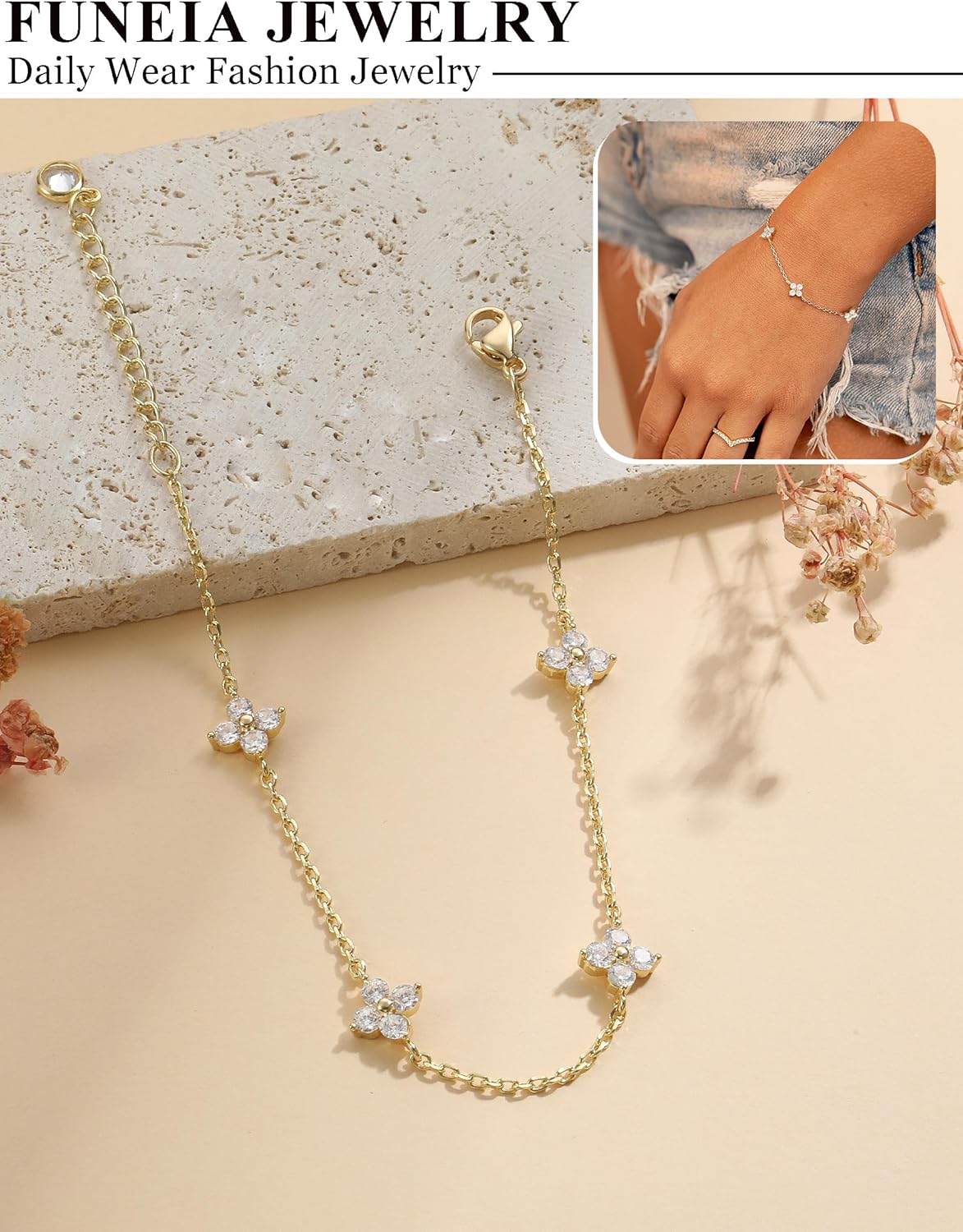 Thumbnail 3 de FUNEIA Armband Damen Gold, verstellbar mit Kleeblatt-Charme (18K vergoldet, Zirkonia)