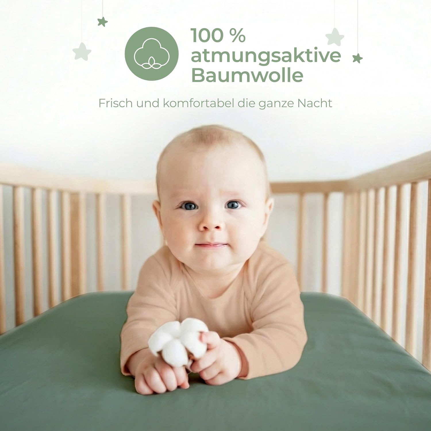 Thumbnail 2 de Dreamzie 2er Set Spannbettlaken 50x83 cm für Kinderwagen, Kapuze & Reisebett – Oeko-Tex Baumwolle, Salbei/Weiß