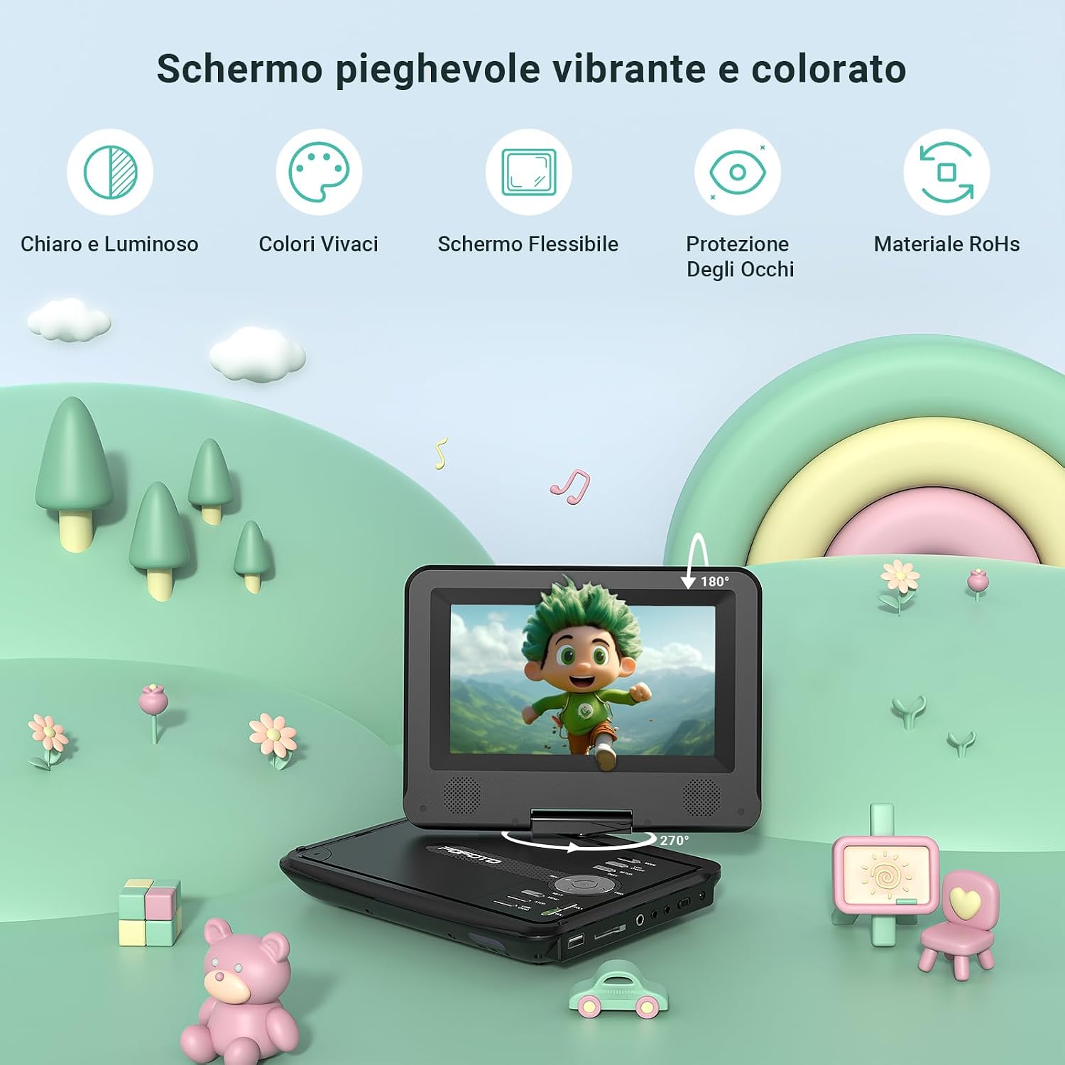 Detalle de Lettore DVD Portatile POFOTO 9,5'' con Schermo HD Ruotabile 270° – 4–6 Ore di Autonomia, Lettore Multiformato