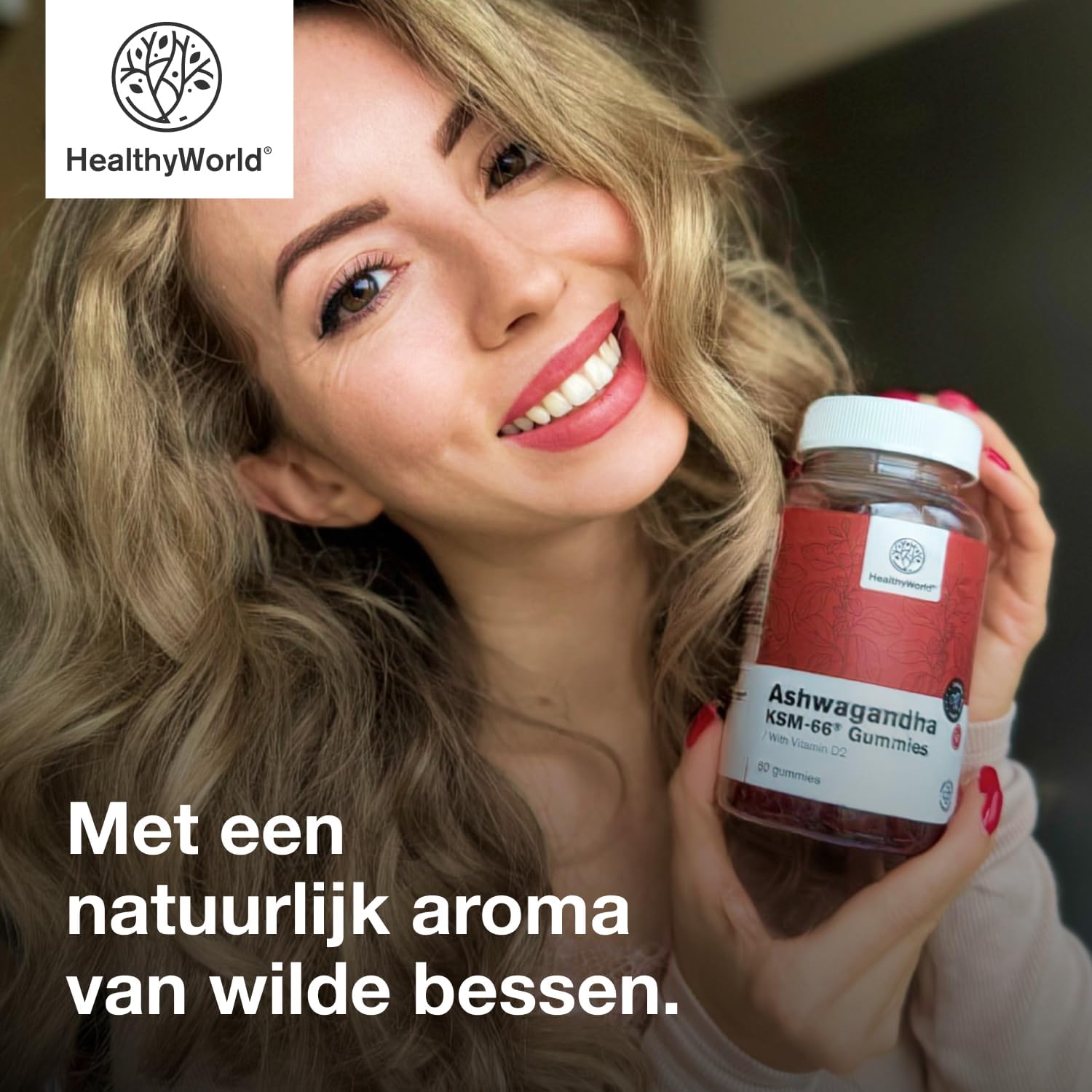 Detalle 1 de HealthyWorld Ashwaganda KSM-66® 300 mg gummies met vitamine D2 en bosvruchtensmaak