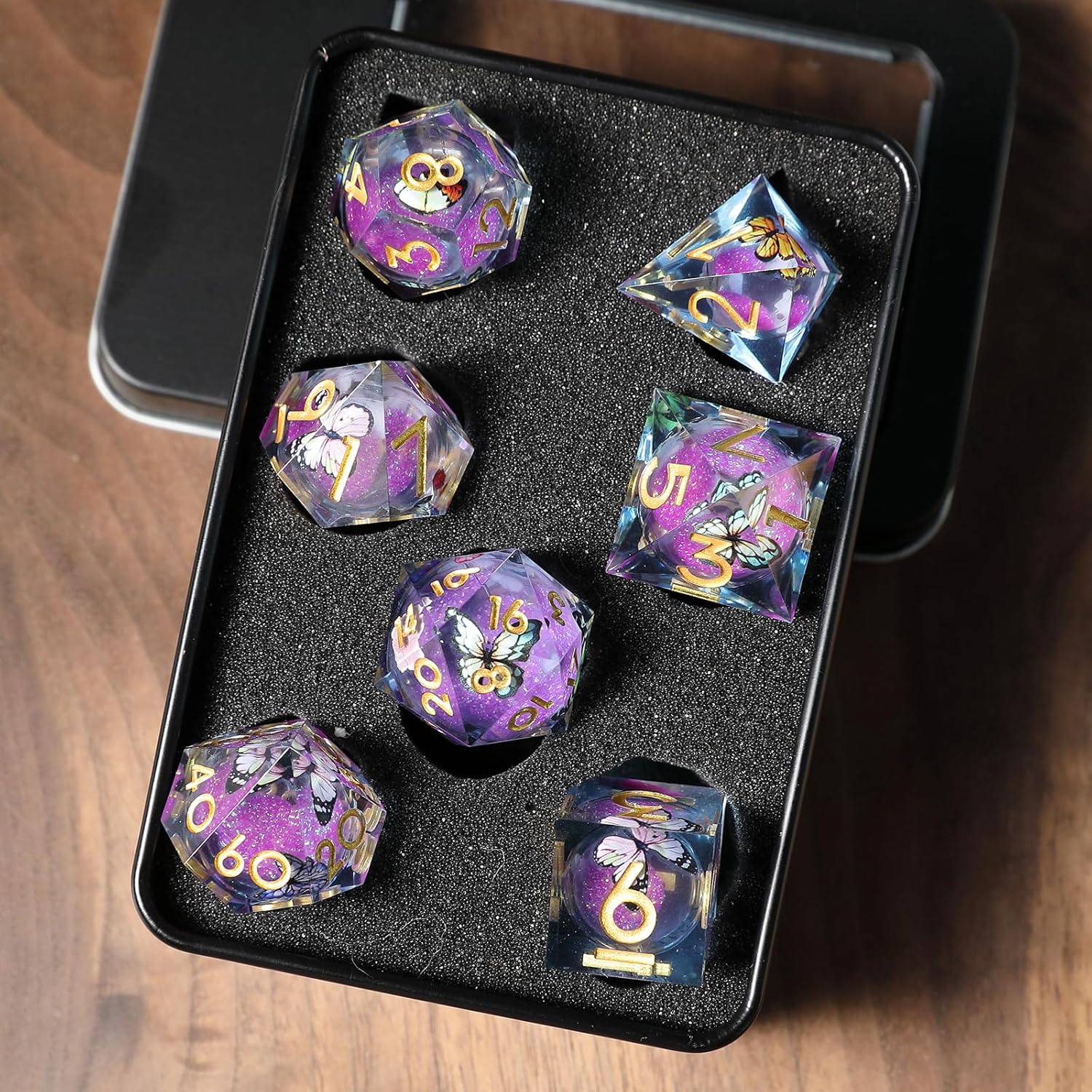 Thumbnail 5 de Liquid Core 7-Piece Resin Polyhedral Dice Set with Butterfly Theme (D&D)