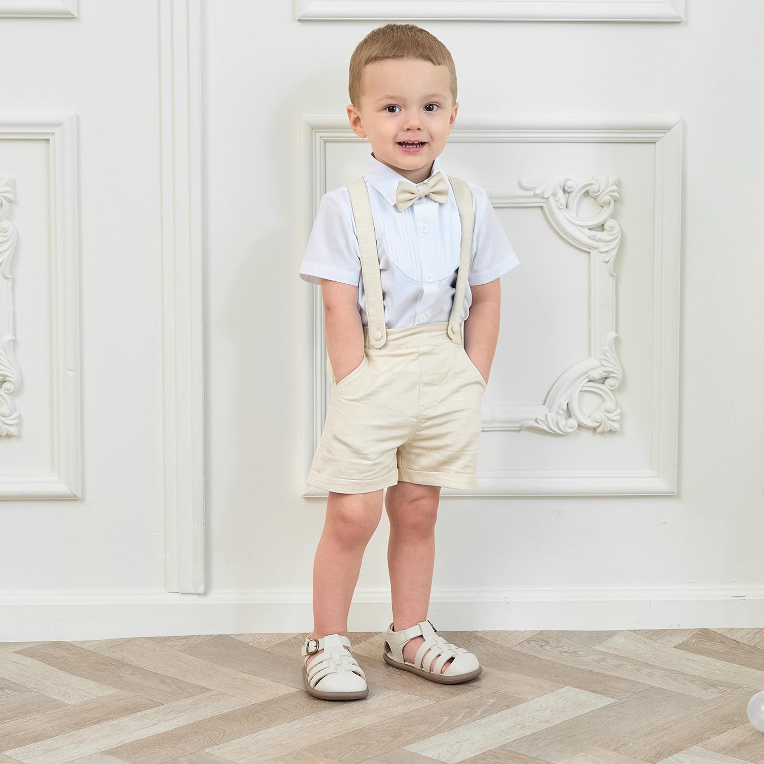 Thumbnail 1 de Volunboy Bambino Pantaloncini con Bretelle, Ragazzo Estivi Casual in lino cotone - 3 pezzi