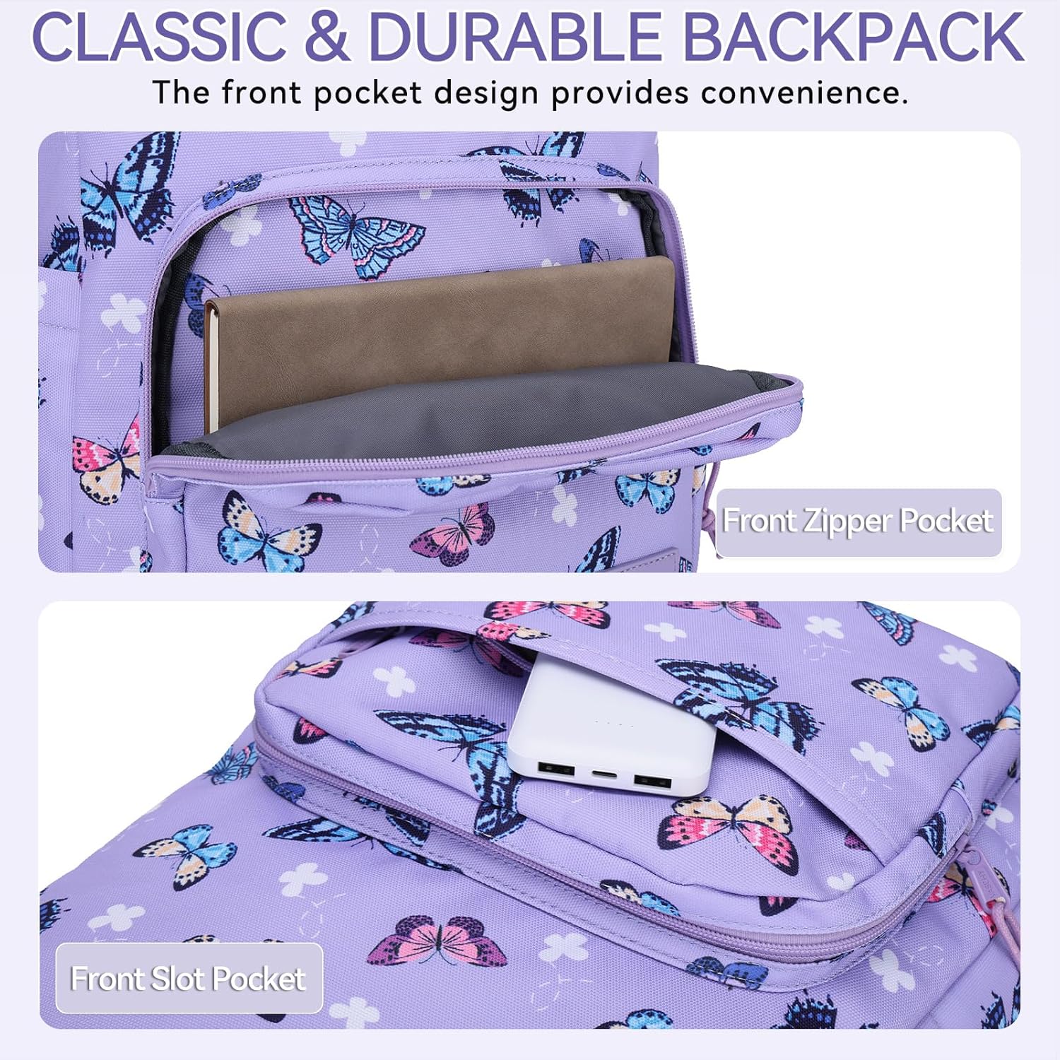 Detalle de VASCHY School Backpack: Lightweight 17L Rucksack with Butterfly Print for Kids and Adults