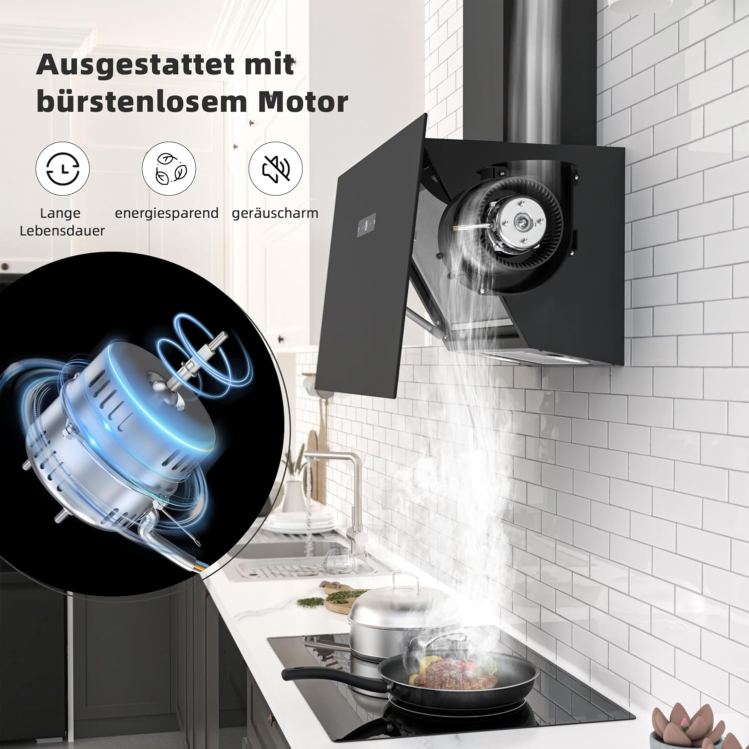 Thumbnail 4 de FIREGAS Dunstabzugshaube 60 cm schwarz Glas (bis 571 m³/h) mit bürstenlosem Motor, TouchControl & Umluft/Abluft