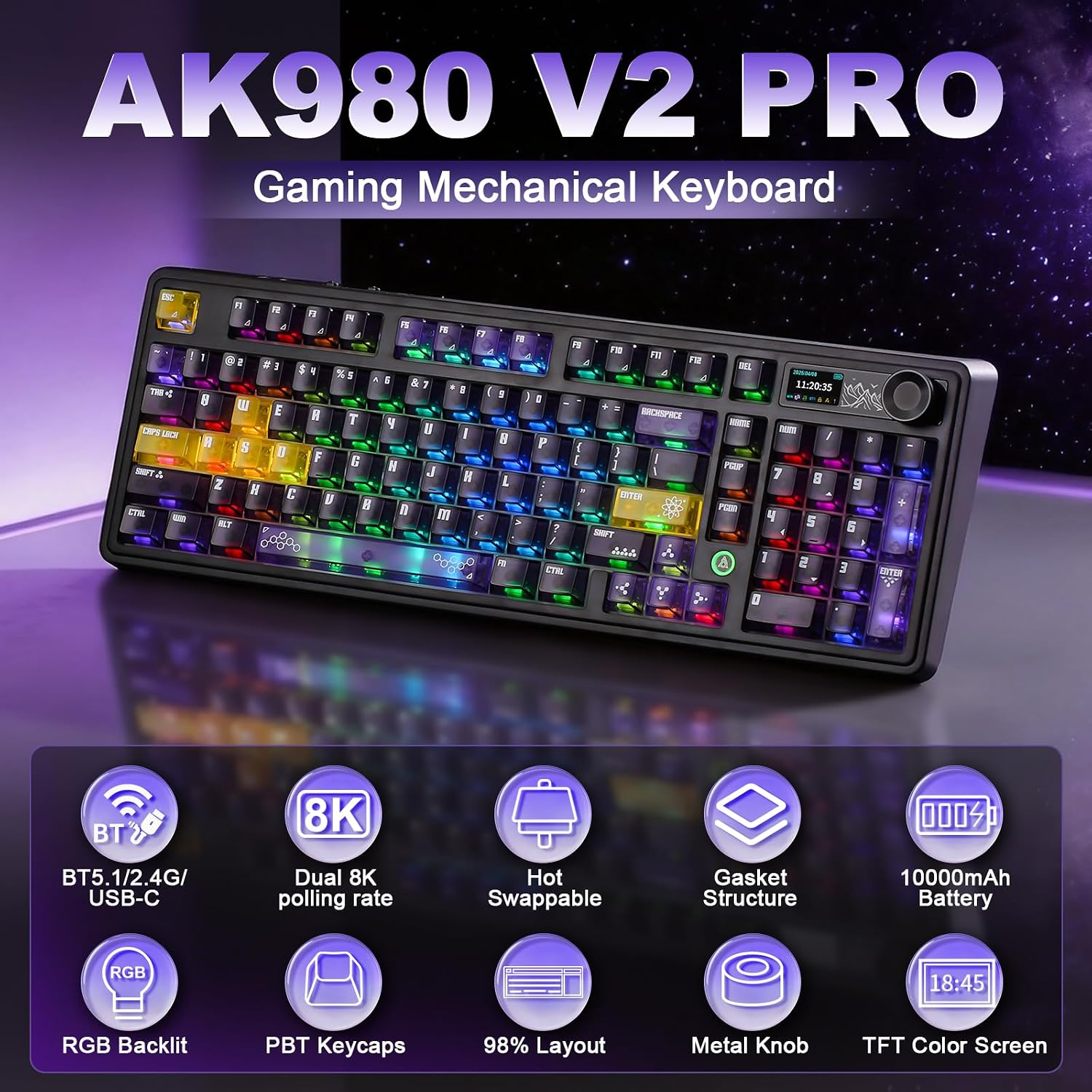 Detalle de MIKIBY AK980 Pro Wireless Mechanical Gaming Keyboard, Purple, TFT Display