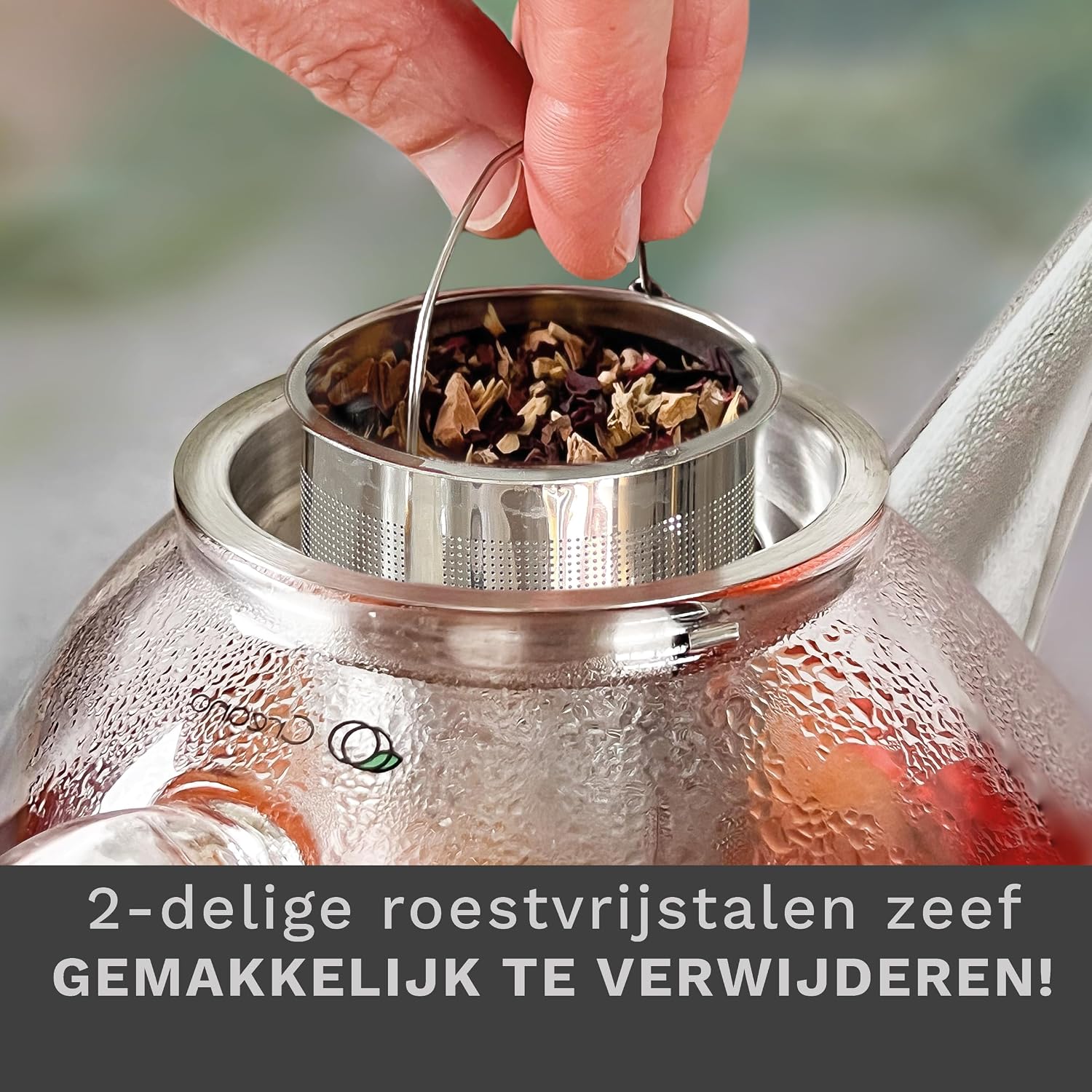 Detalle de Creano 061 platte glazen theepot 800 ml met RVS-filter en borosilicaatglas