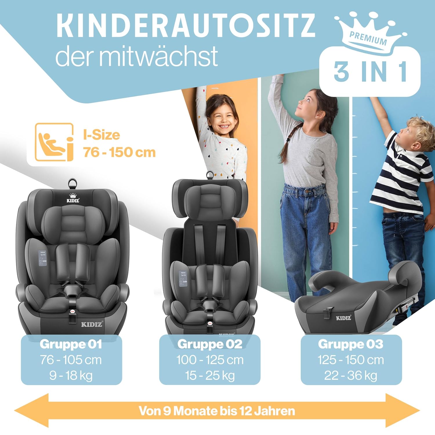 Thumbnail 3 de KIDIZ Autokindersitz mit Isofix i-Size R129 100–150 cm (bis 12 Jahre) – mitwachsender Sitz, 5-Punkt-Gurt, Grau