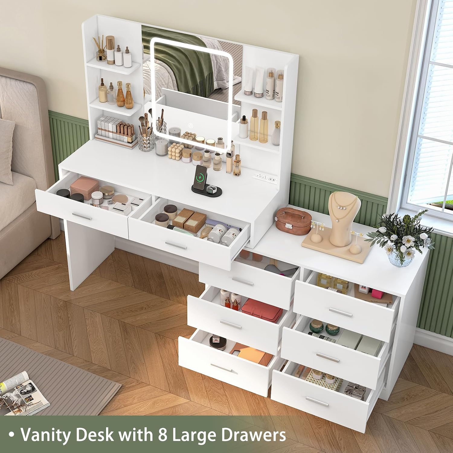 Detalle de TEENFON STA021 Dressing Table with LED Mirror, 8 Drawers and Adjustable Shape