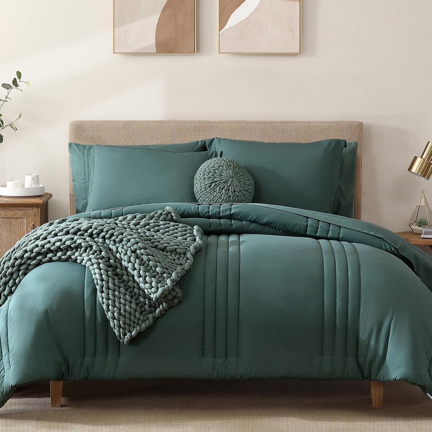 Detalle de Monbix Queen Comforter Set, 7-Piece Blue Green Bedding with All-Season Comforter