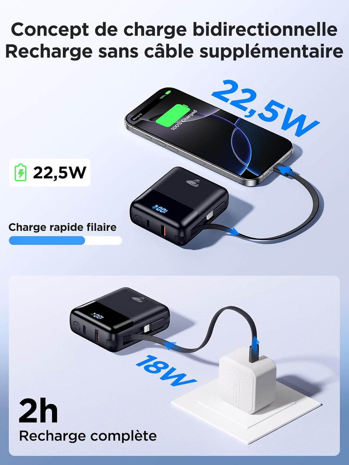 Thumbnail 4 de Batterie Externe Aioneus 10000 mAh avec 2 câbles intégrés – Charge rapide PD 20–22,5 W
