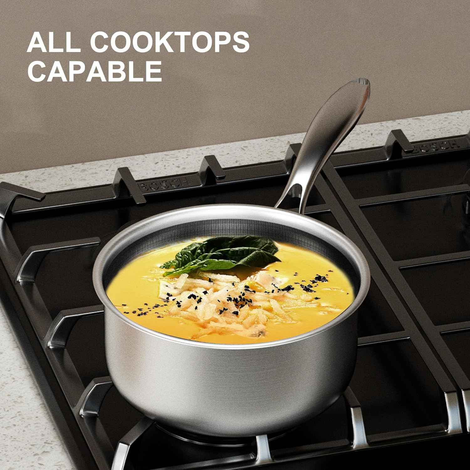 Detalle 2 de COOKER KING 3 Quart Stainless Steel Saucepan with Lid: Tri-Ply Ceramic Nonstick, Metal Utensil Safe