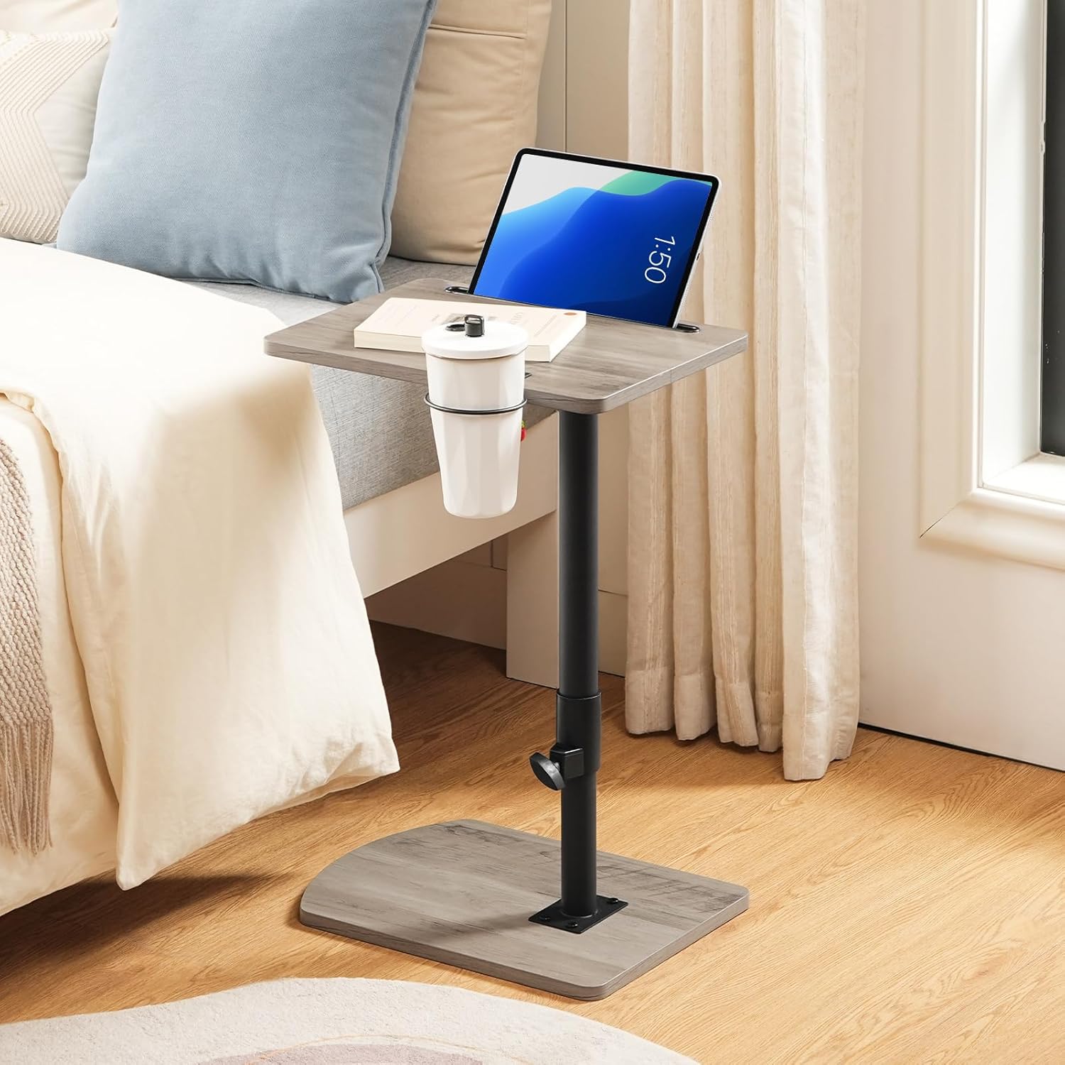 Thumbnail 1 de HOOBRO Tavolino a Forma di C Regolabile in Altezza con Piano Rotante a 360°, Portabicchieri Rimovibile e Slot per Tablet | Grigio Invecchiato/Nero