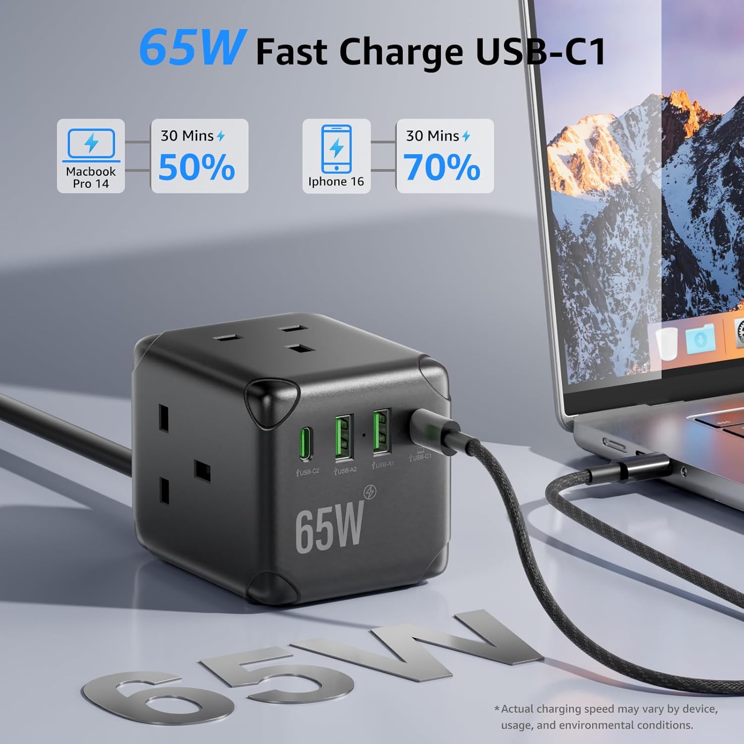 Thumbnail 2 de Cube Extension Lead with USB C Slots (PD65W), 3 Way UK Plug, 3m Cable, 2 USB‑A & 2 USB‑C Ports