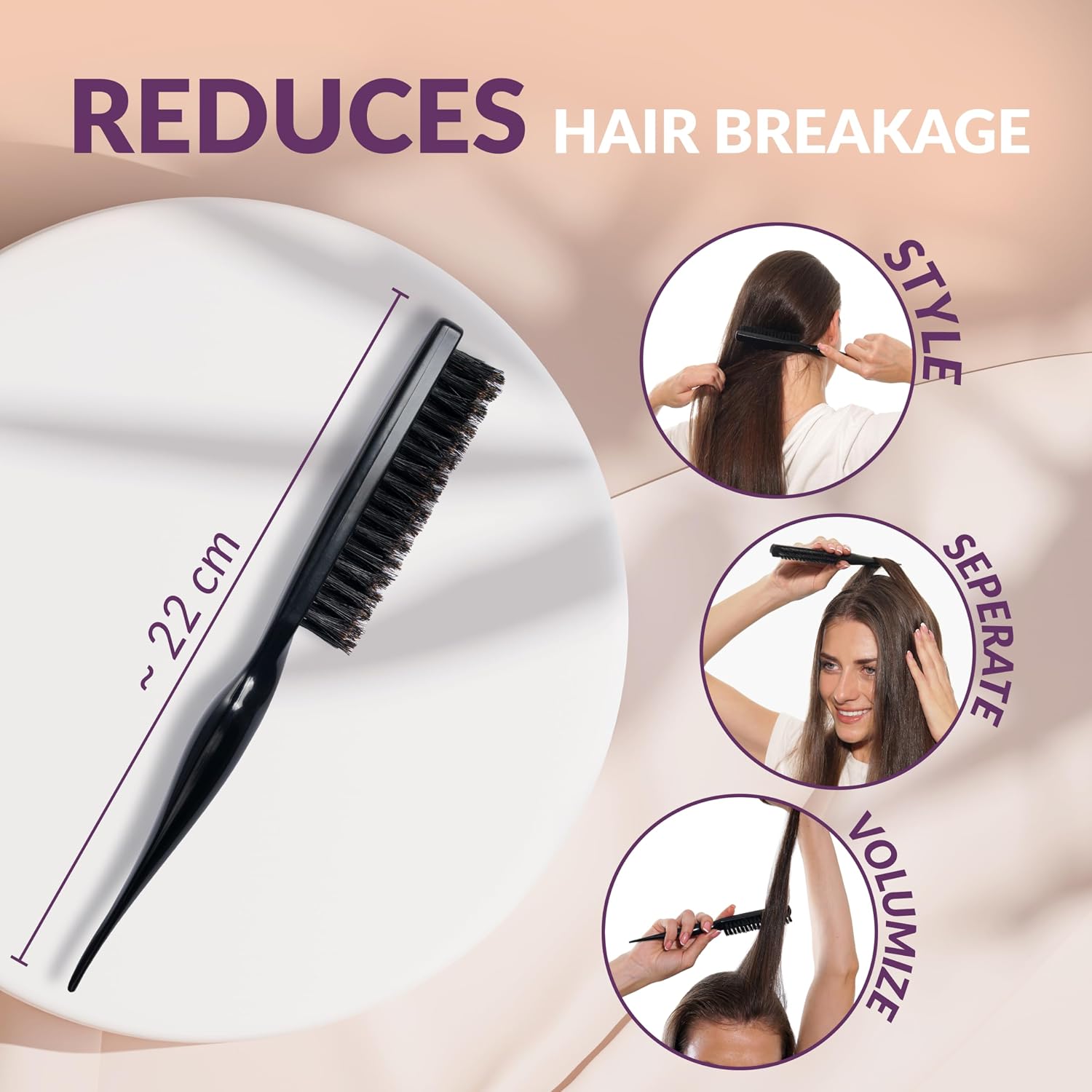 Detalle de marQus Magic marQus Volumen & Glanz Wildschweinborsten Toupierbürste „Sleek Bun“ – Teasing Brush, klassisches Schwarz