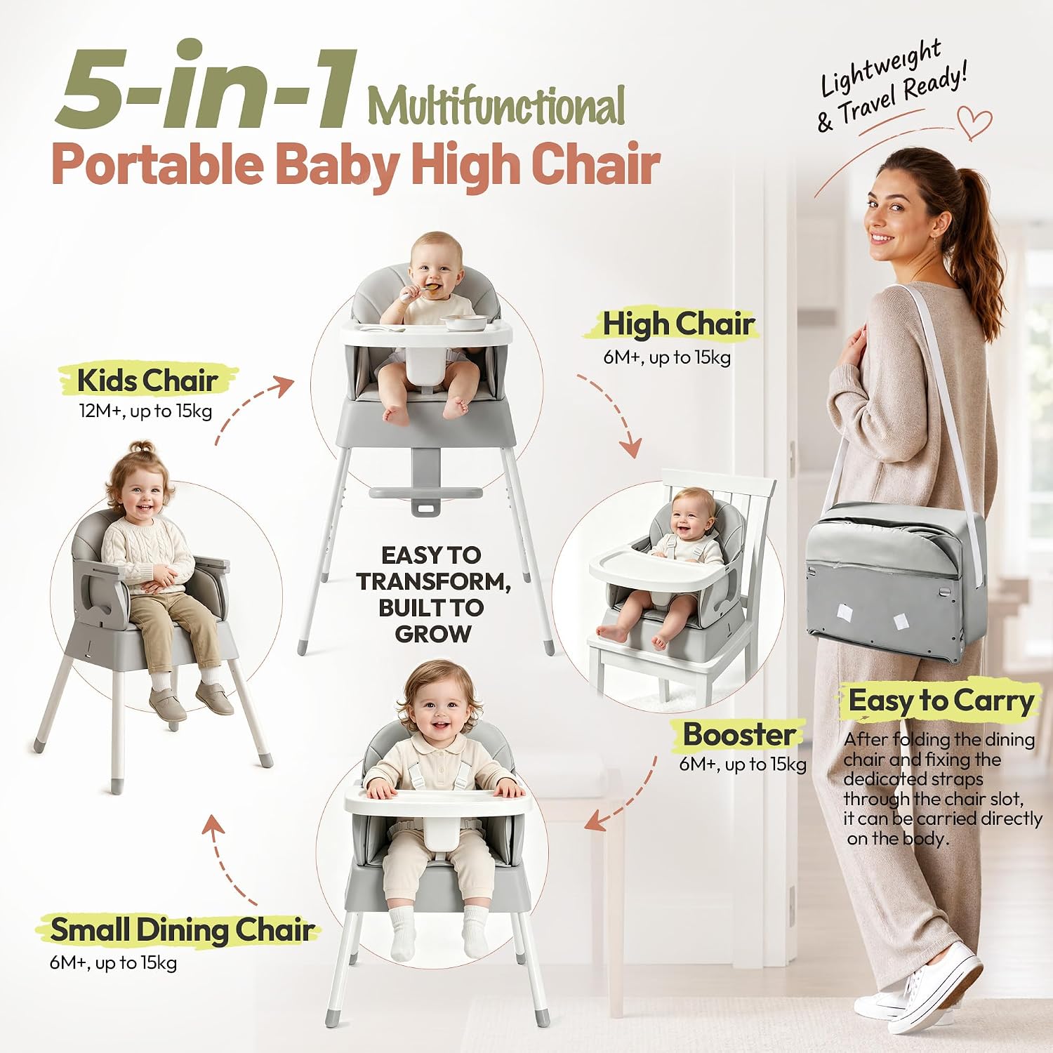 Detalle 2 de BABHAMNESS 5-in-1 Foldable Baby High Chair with Booster Seat and 5-Point Harness