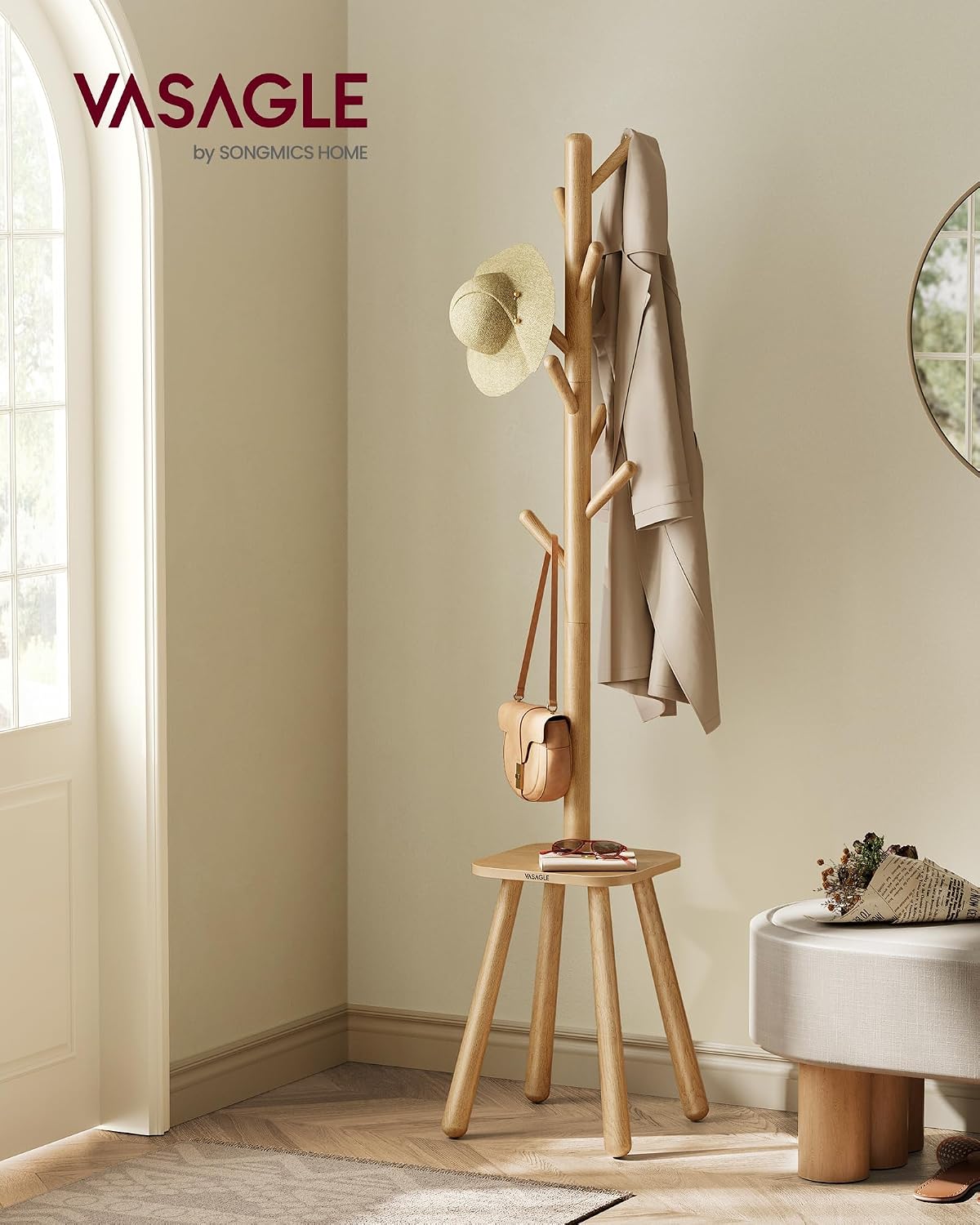 Detalle de VASAGLE Attaccapanni da Terra RCR033N01 beige naturale con 8 ganci e piano portaoggetti (170,5 cm)