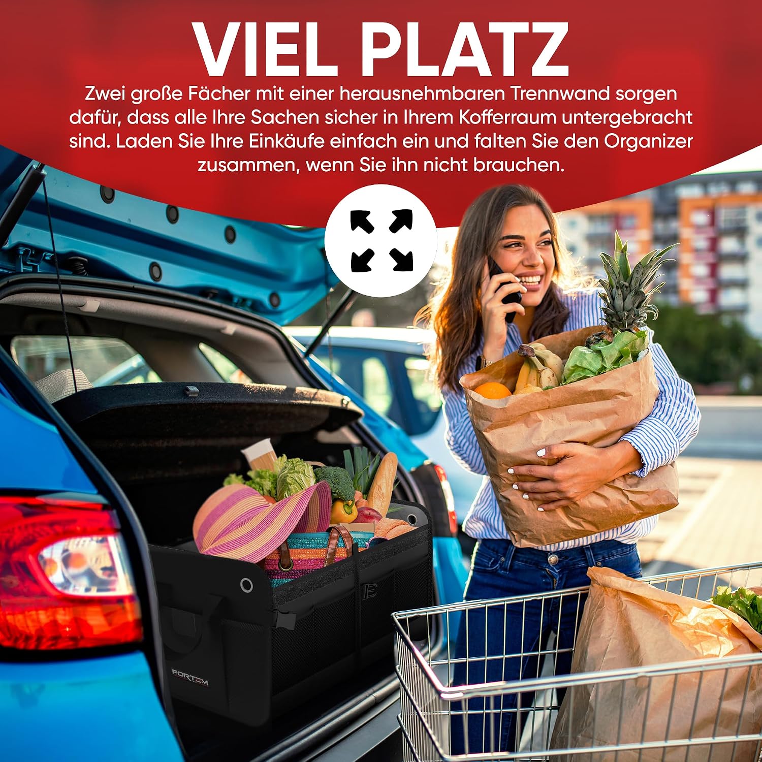 Detalle 2 de FORTEM Kofferraum Organizer (Kofferraumtasche) mit klappbarem Deckel – zusammenklappbar, mit Fächern