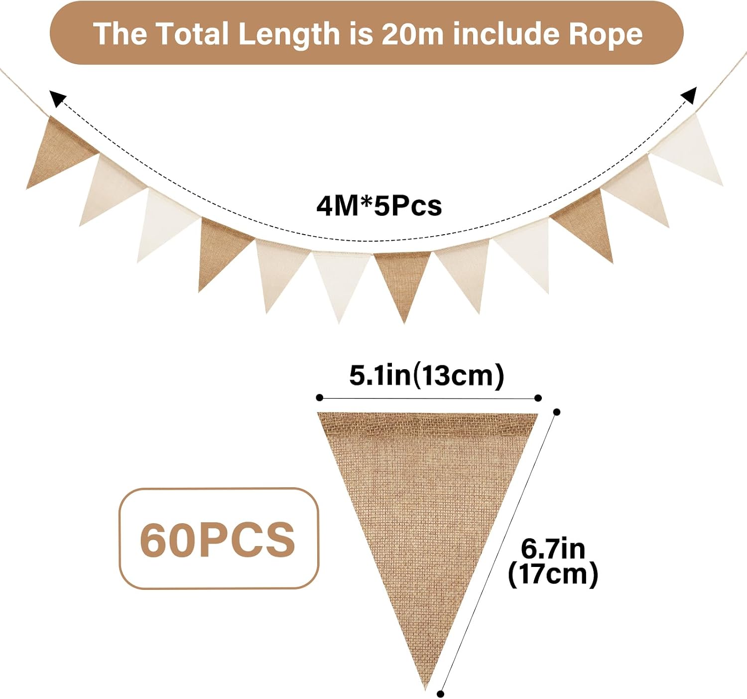 Detalle de jijAcraft Pre-strung Beige Brown Burlap Bunting — 60-Flag, 20m Hessian Banner for Indoor/Outdoor Decor