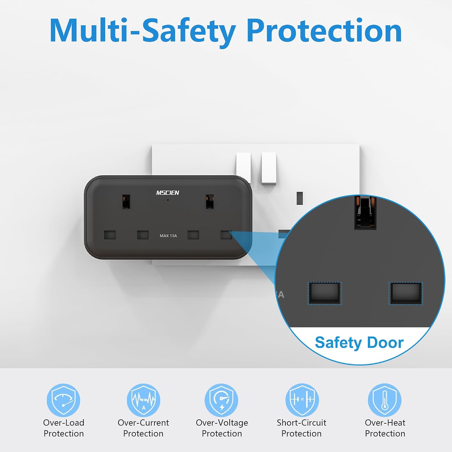 Thumbnail 6 de Double Plug Adaptor 13A MSCIEN 4 AC Outlets and 3 USB Wall Extension (Black)