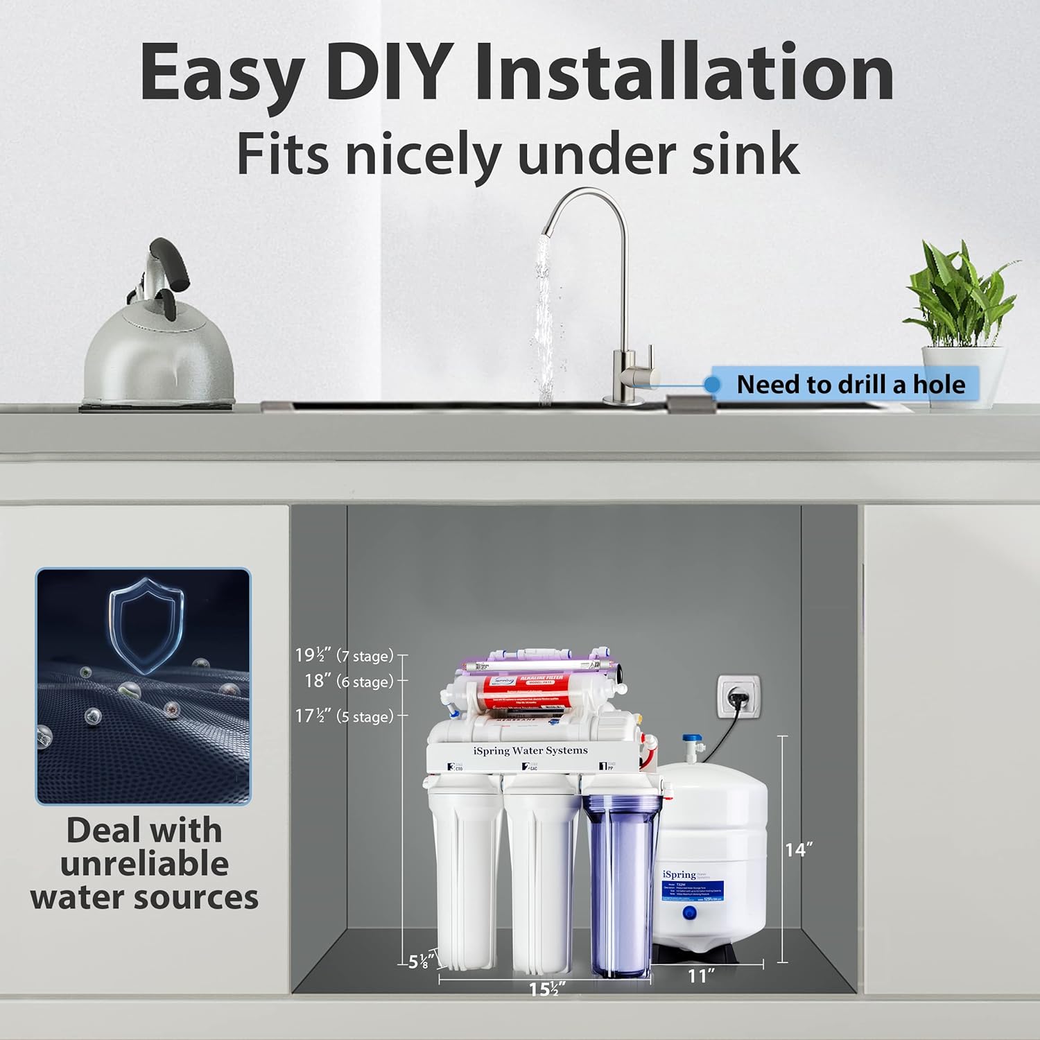 Detalle 2 de iSpring RCC7AK-UV 7-Stage Under Sink Reverse Osmosis System with Alkaline Remineralisation + UV, 75 GPD