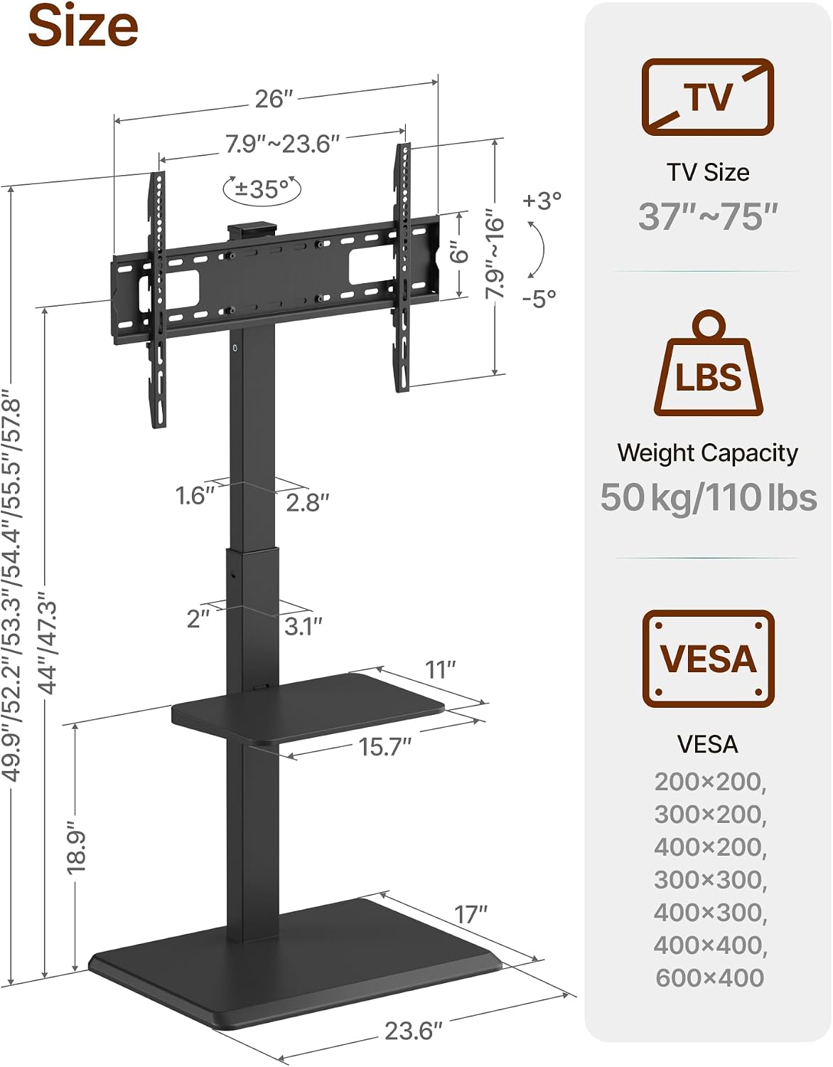 Thumbnail 6 de ECOTINY Steel Base Floor TV Stand with Power Outlet for 32–75 inch TVs