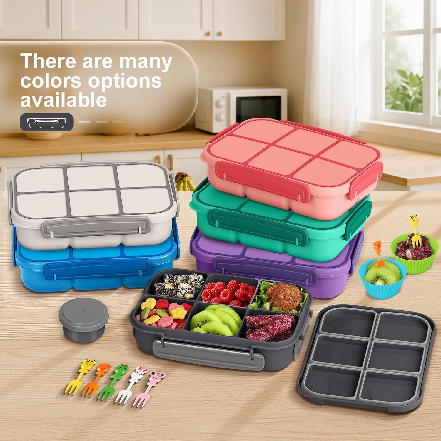 Thumbnail 6 de Amathley Kids Bento Lunch Box (6 Compartments) with Sauce Cup, Food Picks & Muffin Cups – Dark Gray