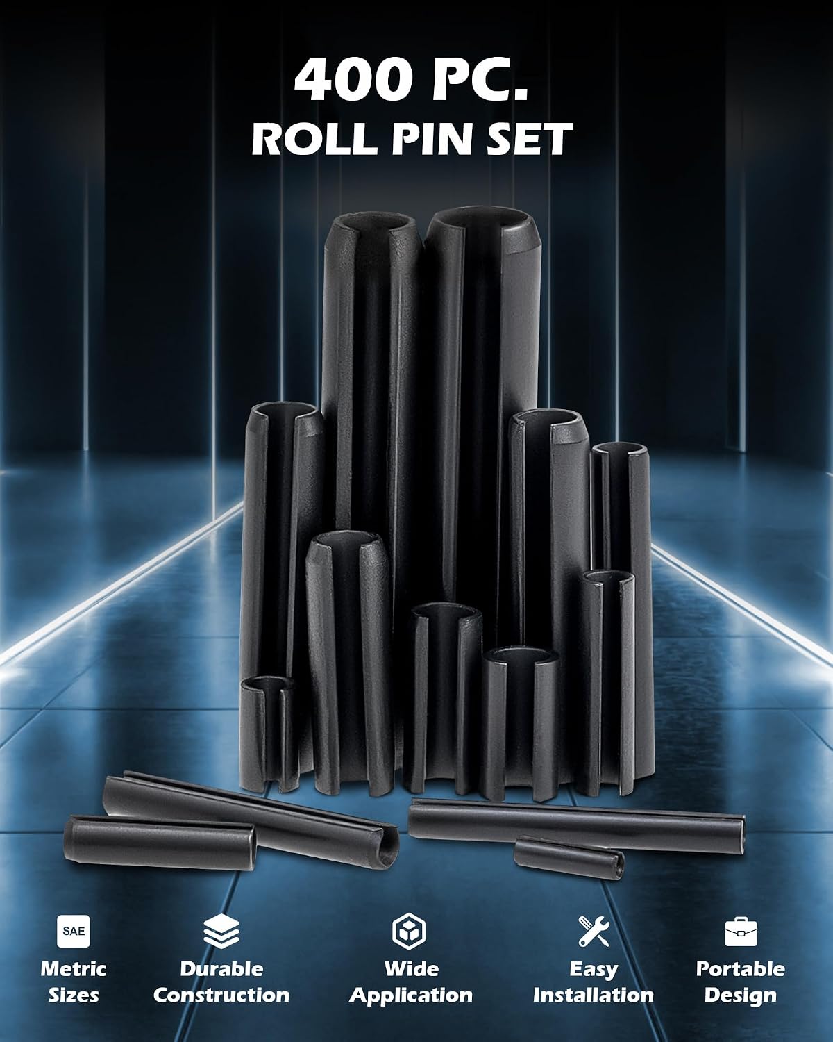 Detalle de ZELCAN 400-Piece Metric Spring Pin Kit, M1.5–M6 Carbon Steel