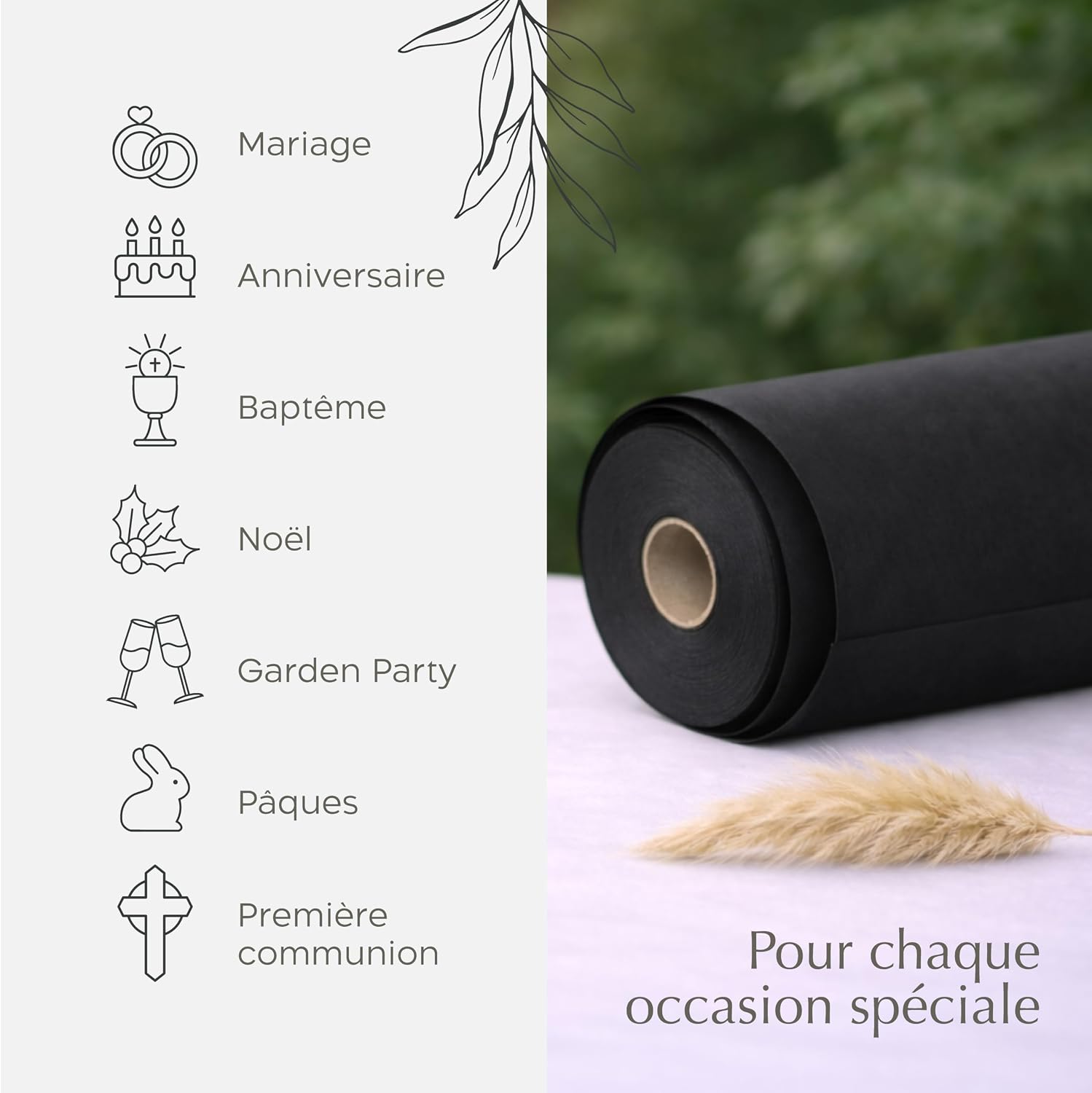 Detalle de Twinzee Chemin de Table Noir Non Tissé 30 cm x 25 m – Déco de table élégante pour tous vos événements