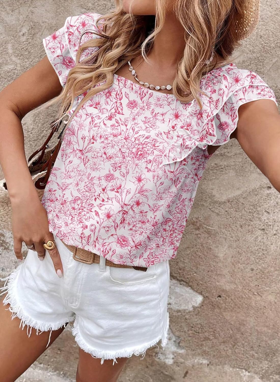 Detalle de Falechay Women’s Bow Tie Back Top – Round Neck, Ruffle Short Sleeve Babydoll Chiffon Tee
