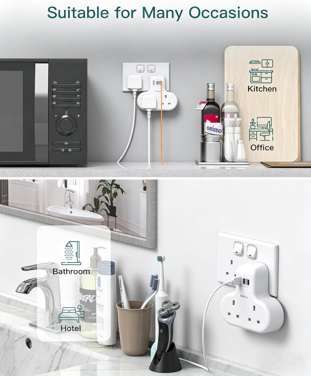 Thumbnail 6 de [2 Pack] Addtam Double Plug Extension: 2-Way Multi Socket with 3 USB ports (2 USB-C) for UK sockets