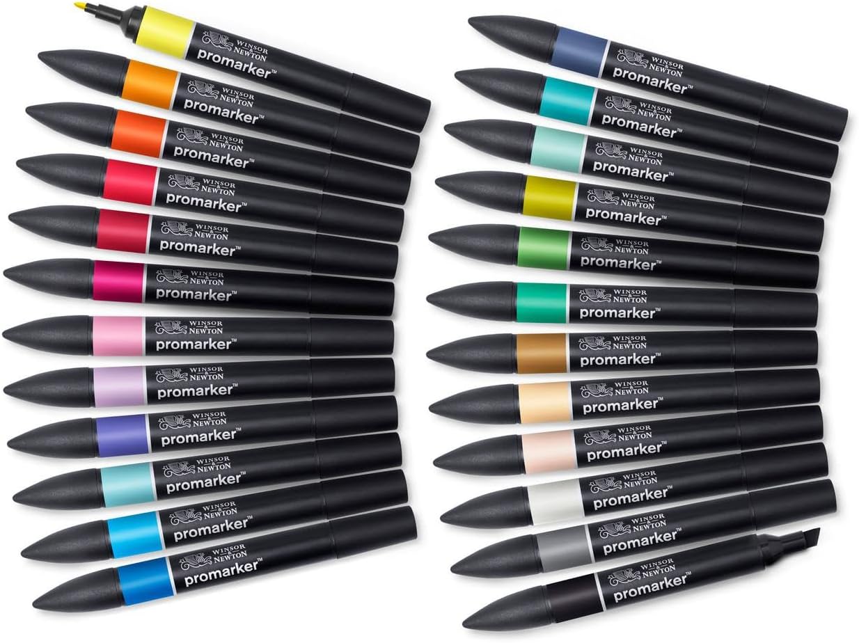 Detalle de Winsor & Newton ProMarker (im Wallet) 24 Farben Set – Doppelseitige Layoutmarker für feine Linien & breite Flächen