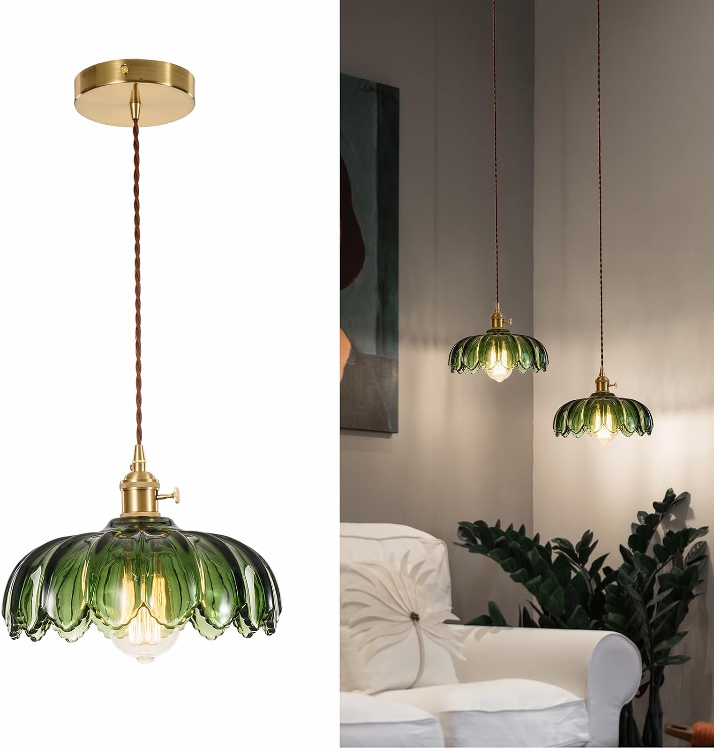 Detalle de XZHGCEE 6202501 Green Glass Pendant Light, Retro Flower Shade, E26