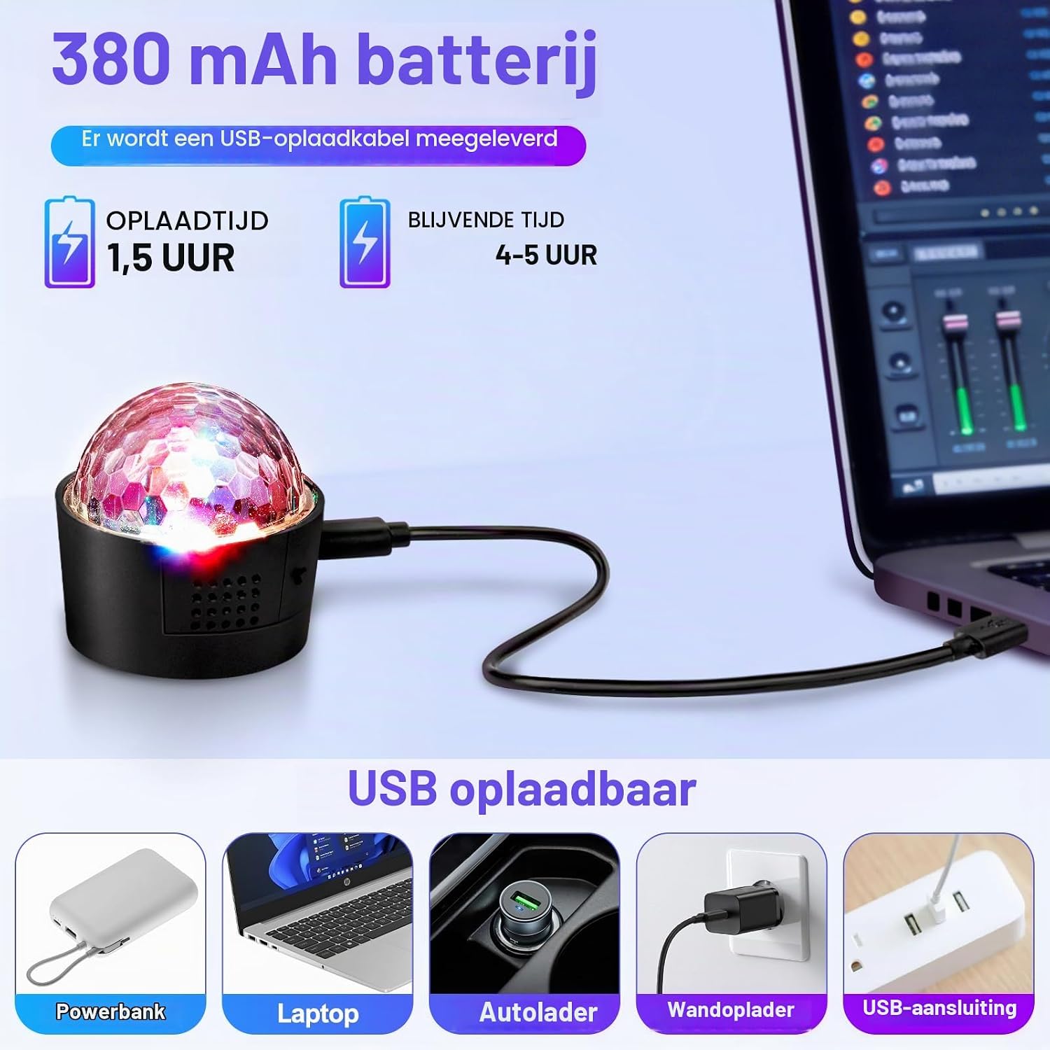 Thumbnail 4 de ENONEO D33 mini LED-discobal 5,5 cm met muziekgestuurde lichteffecten
