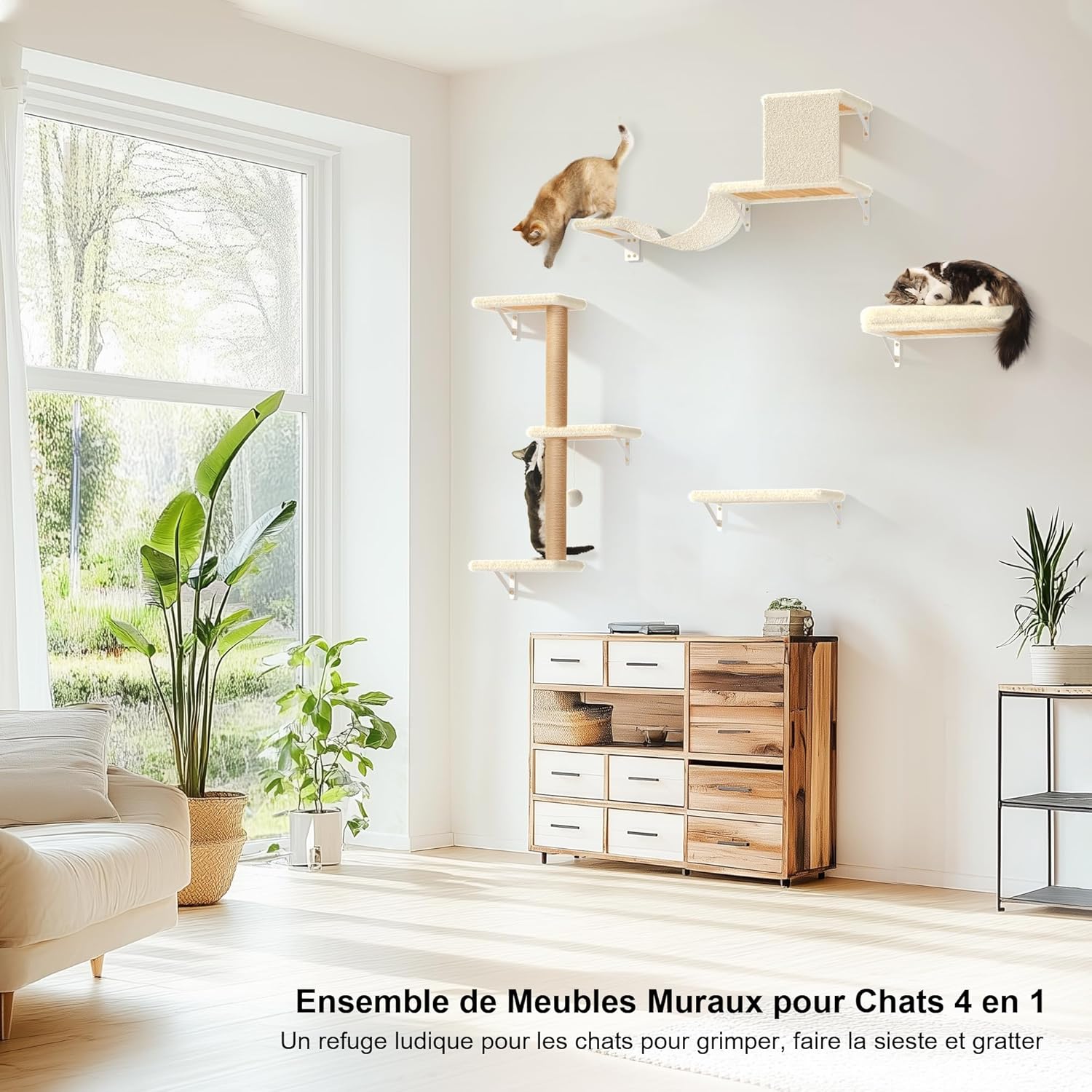 Thumbnail 1 de FUKUMARU Étagères murales pour chat 4-en-1 (pont, niche, griffoir et lit) en bois beige