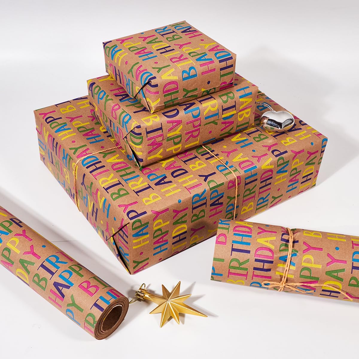 Thumbnail 3 de HBell Birthday Wrapping Paper Roll 43cm x 10m – Kraft card with gridlines and colourful Happy Birthday design