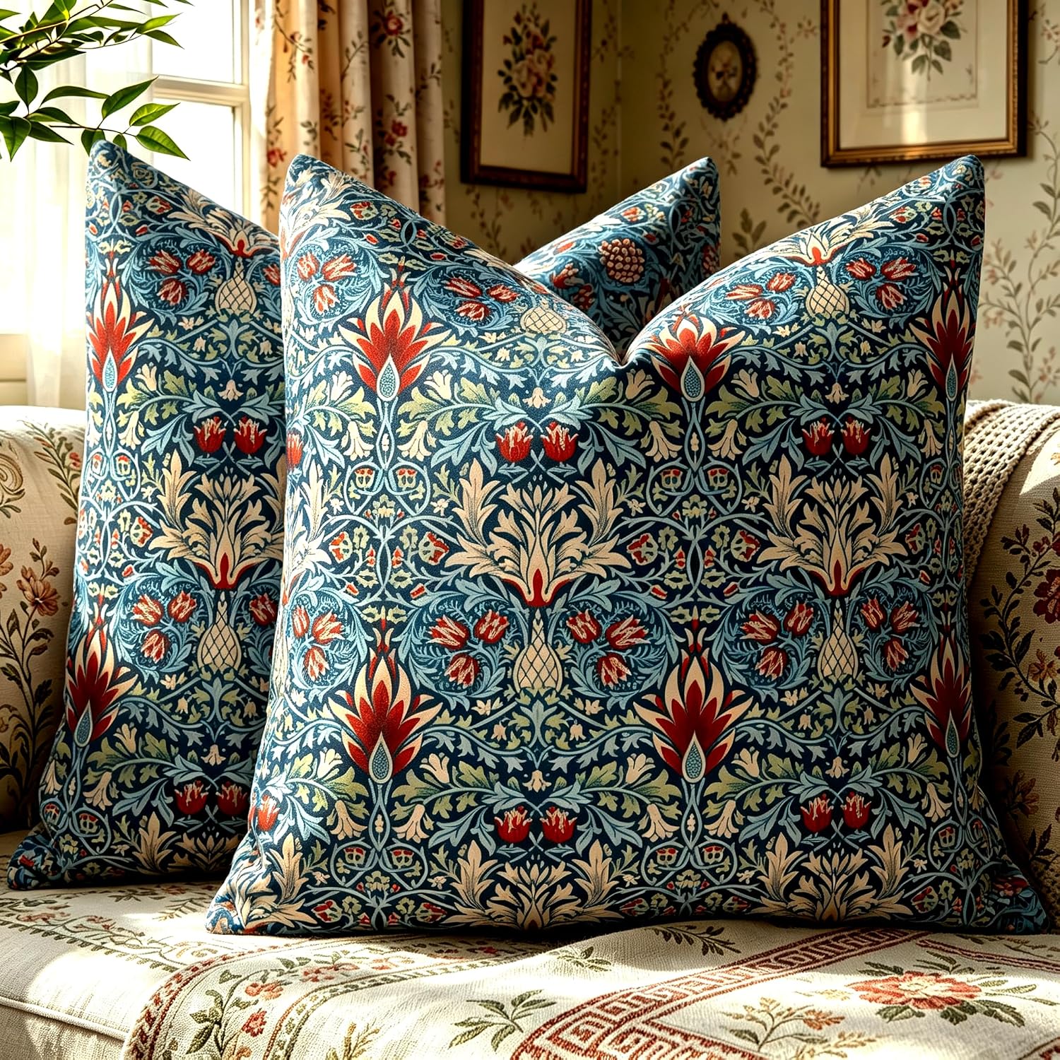 HUASHUZI poszewki 50 × 50 cm William Morris, niebieskie, dwustronne, 2 szt.